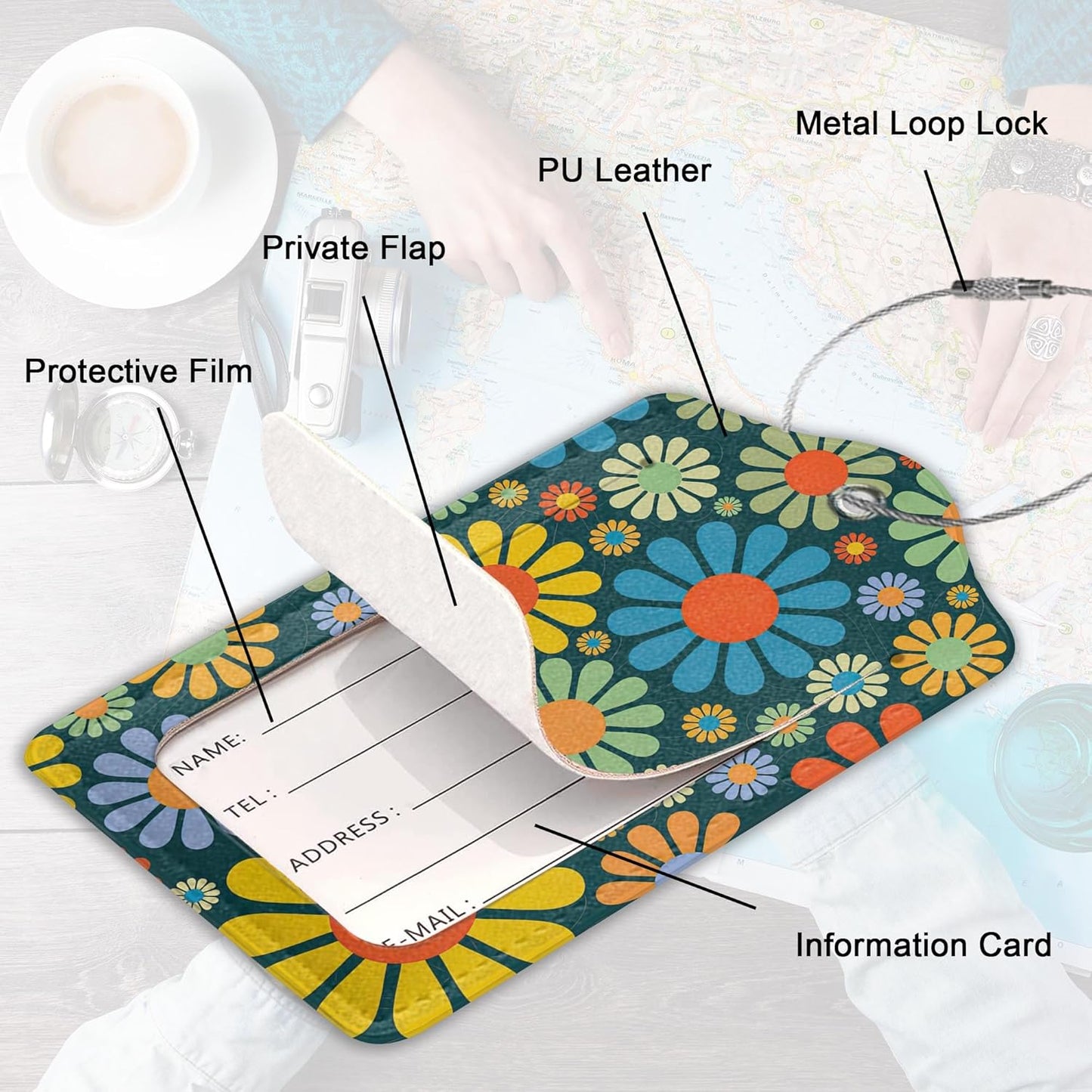 2Pcs Luggage Tag for Suitcase Hippie Flower Dasiy Cute Suitcase Tag with Privacy Flap & Name ID Label & Metal Loop,Travel Bag Luggage Tags for Women