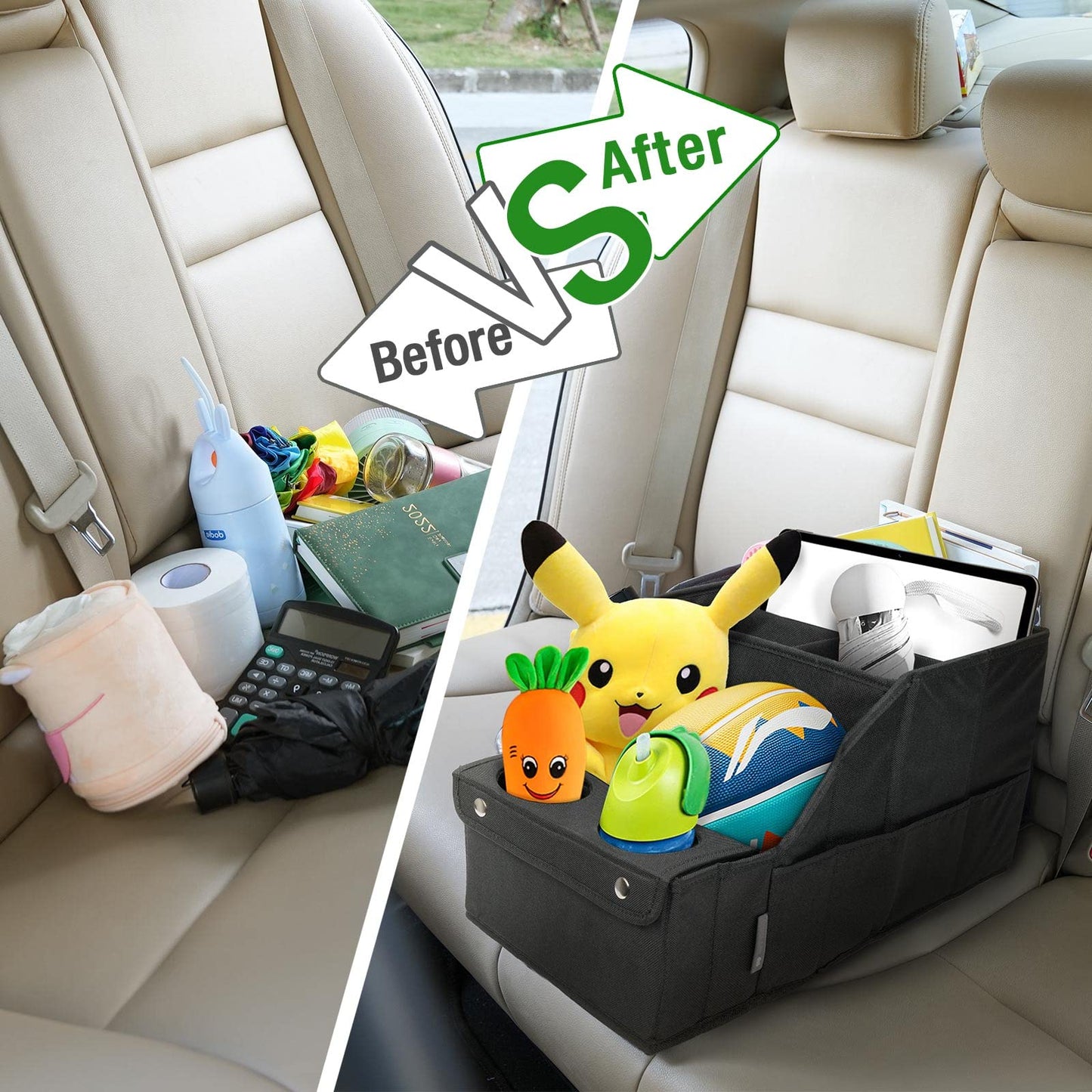 MULISOFT Car Backseat Organizer with 11 Compartments & 2 Cup Holders, Black