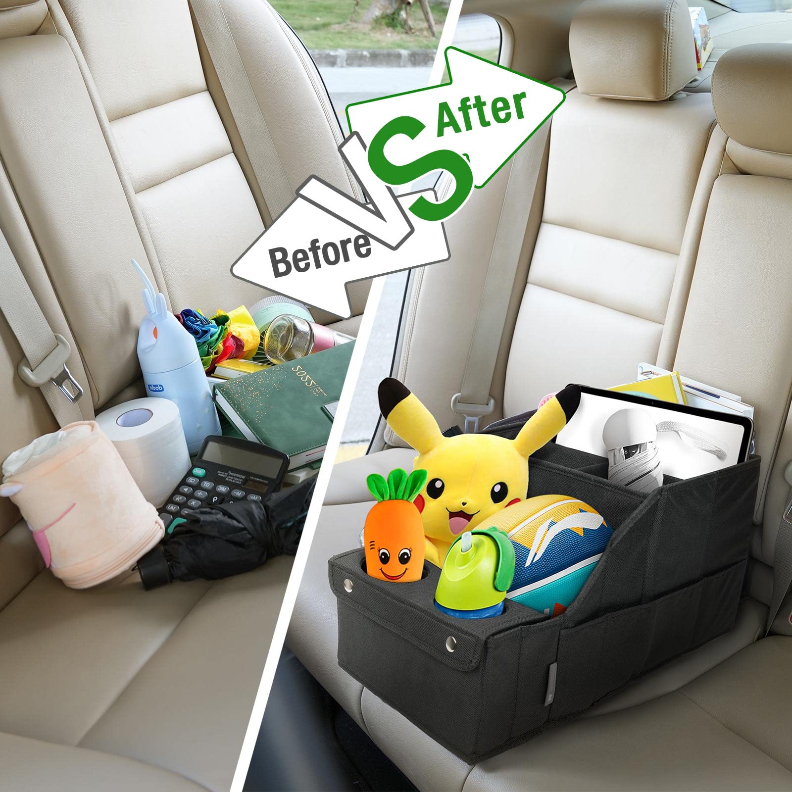 MULISOFT Car Backseat Organizer with 11 Compartments & 2 Cup Holders, Black