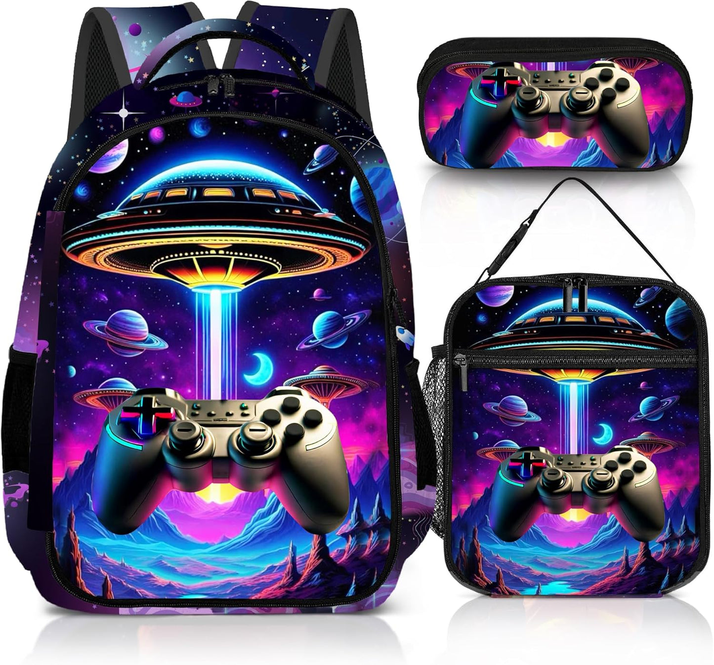 Game Backpack Set for Boys, Gaming Backpack 3 Pack, Boys Lunch Box, and Pencil Bag for Kids, 17"