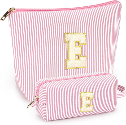 mibasies 2 PCS Initial Makeup Bags for Women: Cosmetic Bag for Travel Toiletry - Personalized Cute Makeup Pouch - Gifts for Grilfriend Wife Moms Bridesmaid - Retirement Travel Gifts - Light Pink E