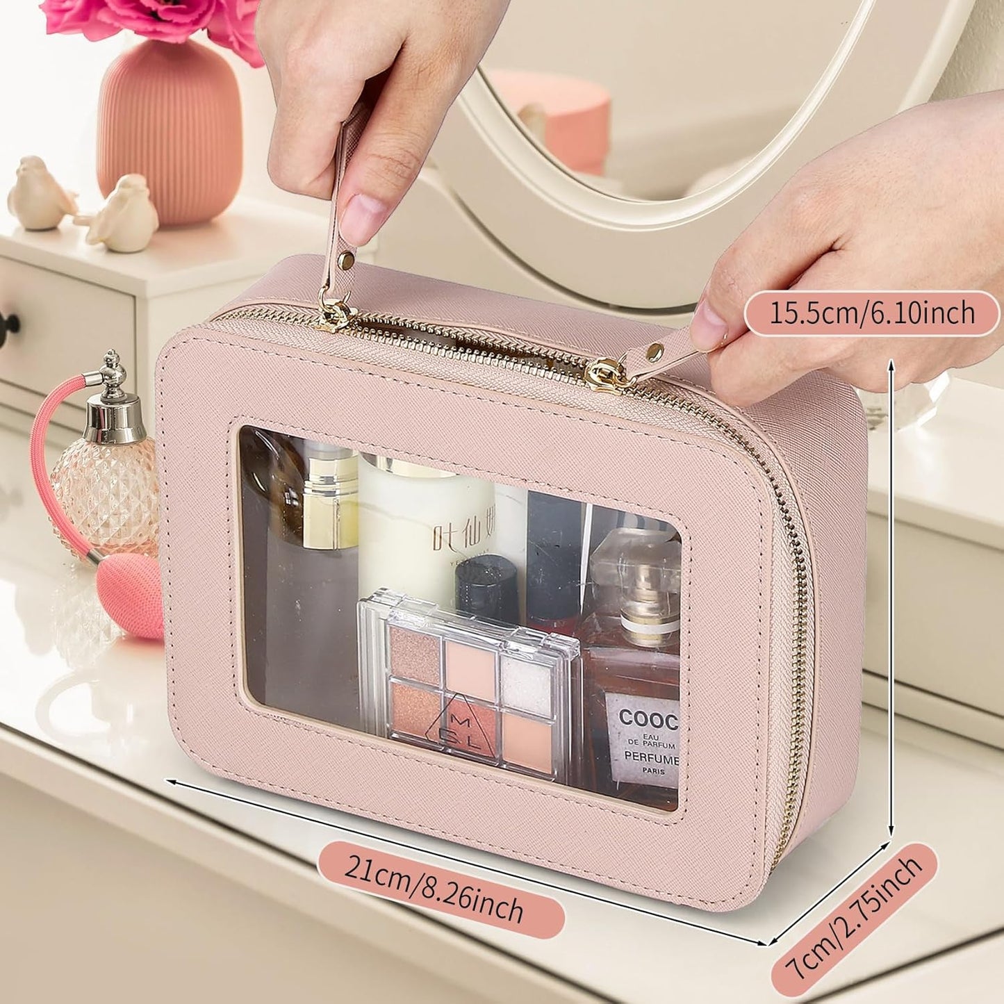 Clear Makeup Bag Set Portable Travel Cosmetic Bag and Toiletry Bag Women's Purse Pouch Cosmetic Stroage Organizer Bag with Zipper Car Essentials (Pink, M+Mini)