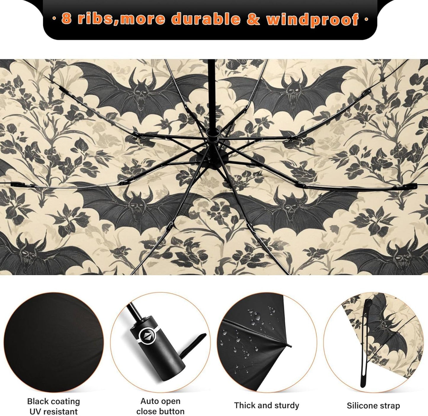 Automatic Folding Umbrella Windproof Strong, UV Protection Compact Black Gothic Moon Spider Webs and Bats Sun Rain Sun Rain Travel Umbrellas for Women Men