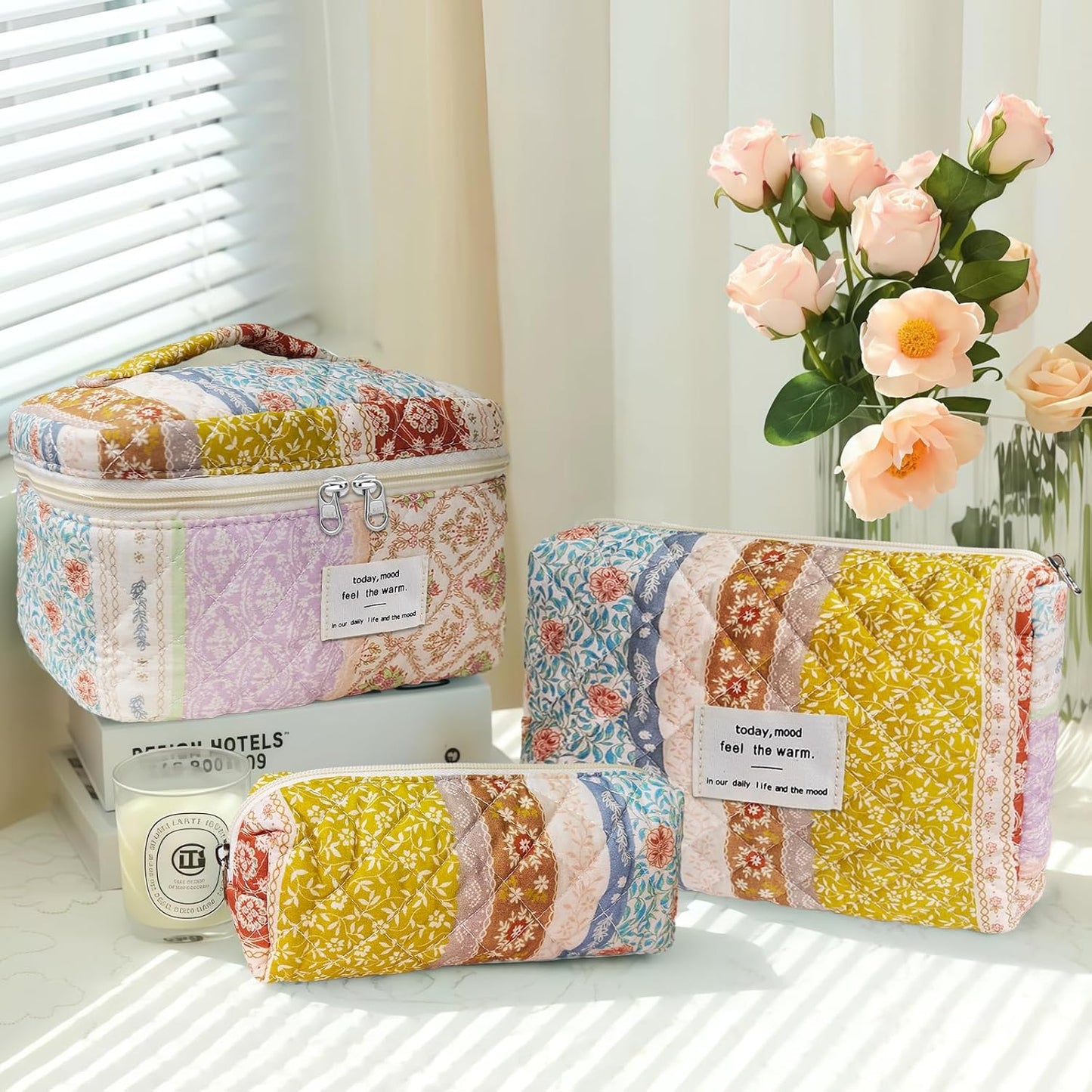 Quilted Makeup Bag, Large Capacity Travel Cosmetic Bag for Women and Girls, Aesthetic Storage for Daily and Travel Use (3pcs-EthnicStyle)