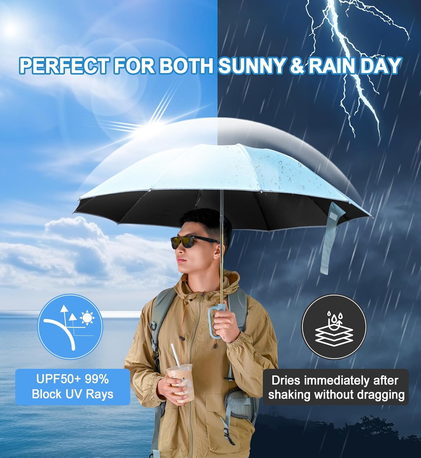 QWB TUMAAOTU Inverted Umbrella with Carabiner Handle, Wind Proof Umbrellas For Rain and Sun, 46 Inch Portable Reverse Folding UV Umbrella, Car Umbrella for Women Men, 10 Ribs