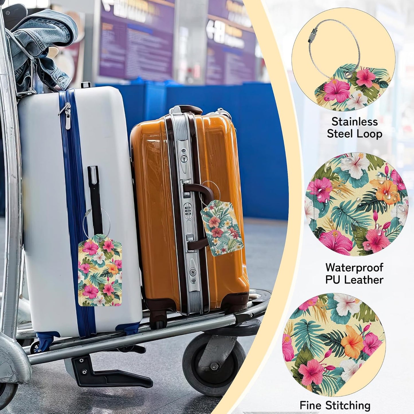 Hawaiian Luggage Tag for Suitcase,Tropical Palm Leaves Design with Privacy Flap Name ID Label Metal Loop, 3 Pack