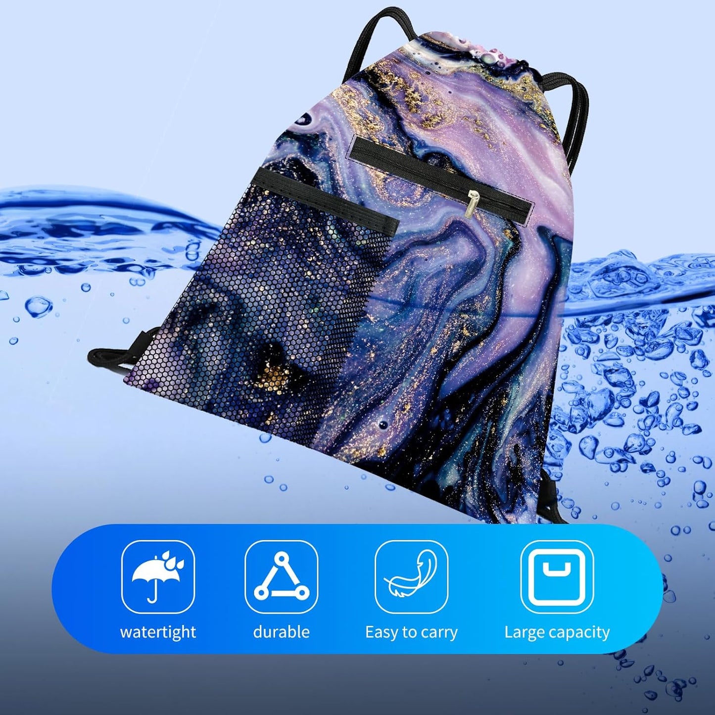 Drawstring Backpack Sports Gym Bag, Large String Swim Bag for Beach With Water Bottle Mesh Pocket, Cute Gym Sack with Zipper Pocket for Men Women Luxuious Purple Marble