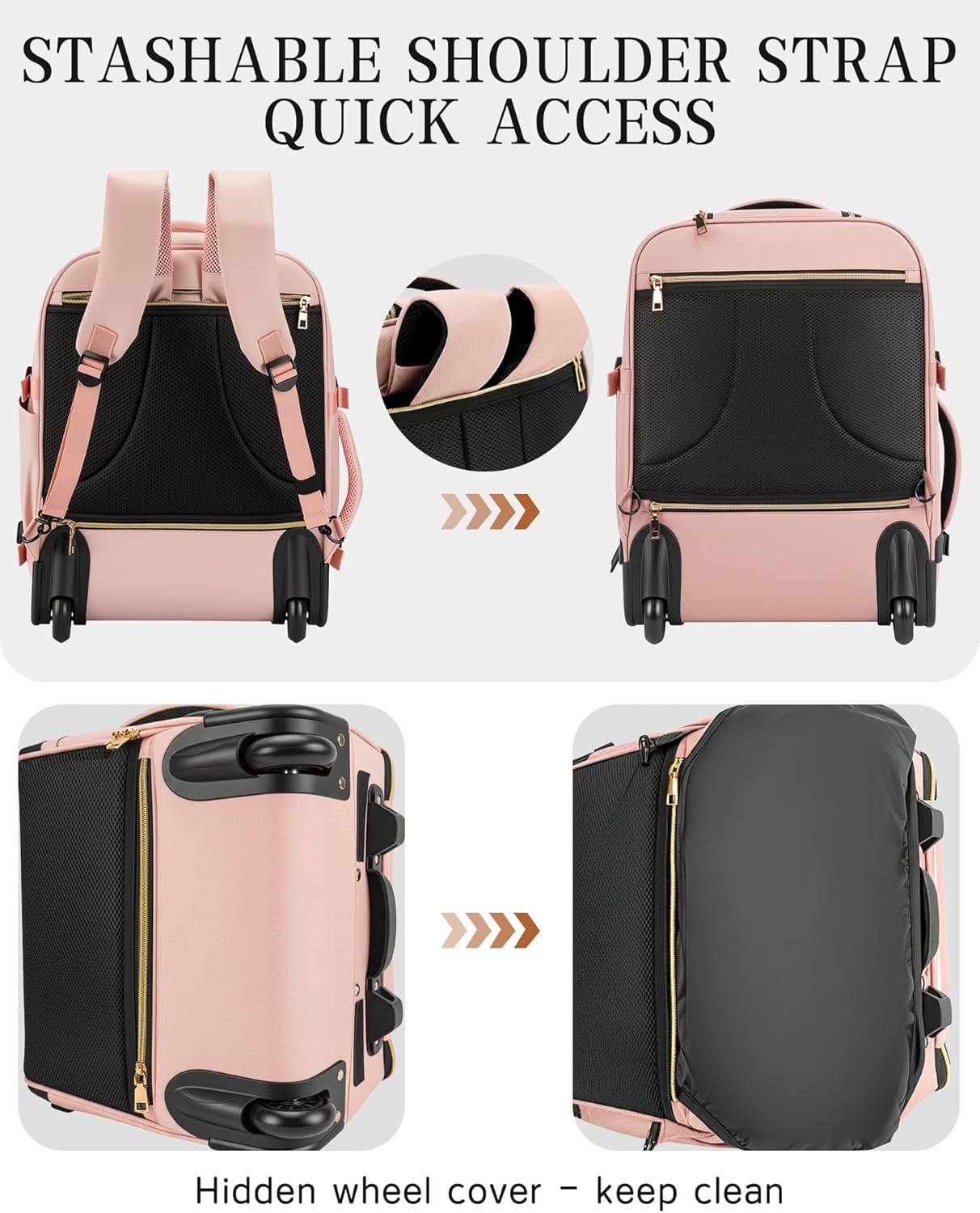 Carry On Backpack with Wheels for Adults, Airline Approved Rolling Backpack for Women, Foldable Bottom Travel Laptop Backpack (Pink)