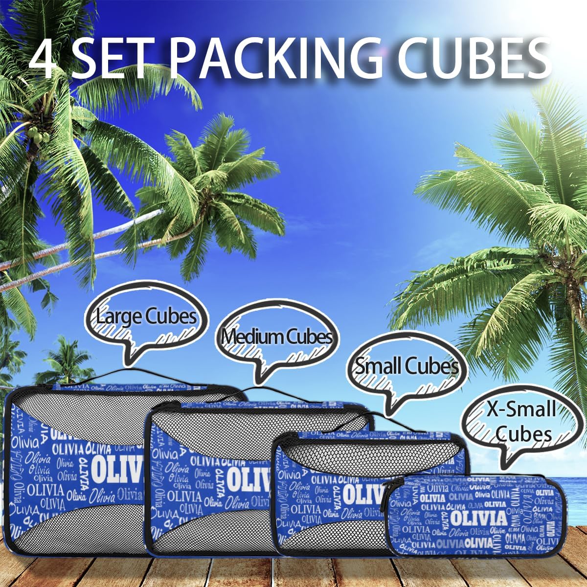 Custom Packing Cubes with Name, 4Pcs/Set Travel Luggage Packing Organizers Set for Men and Women, Royal Blue