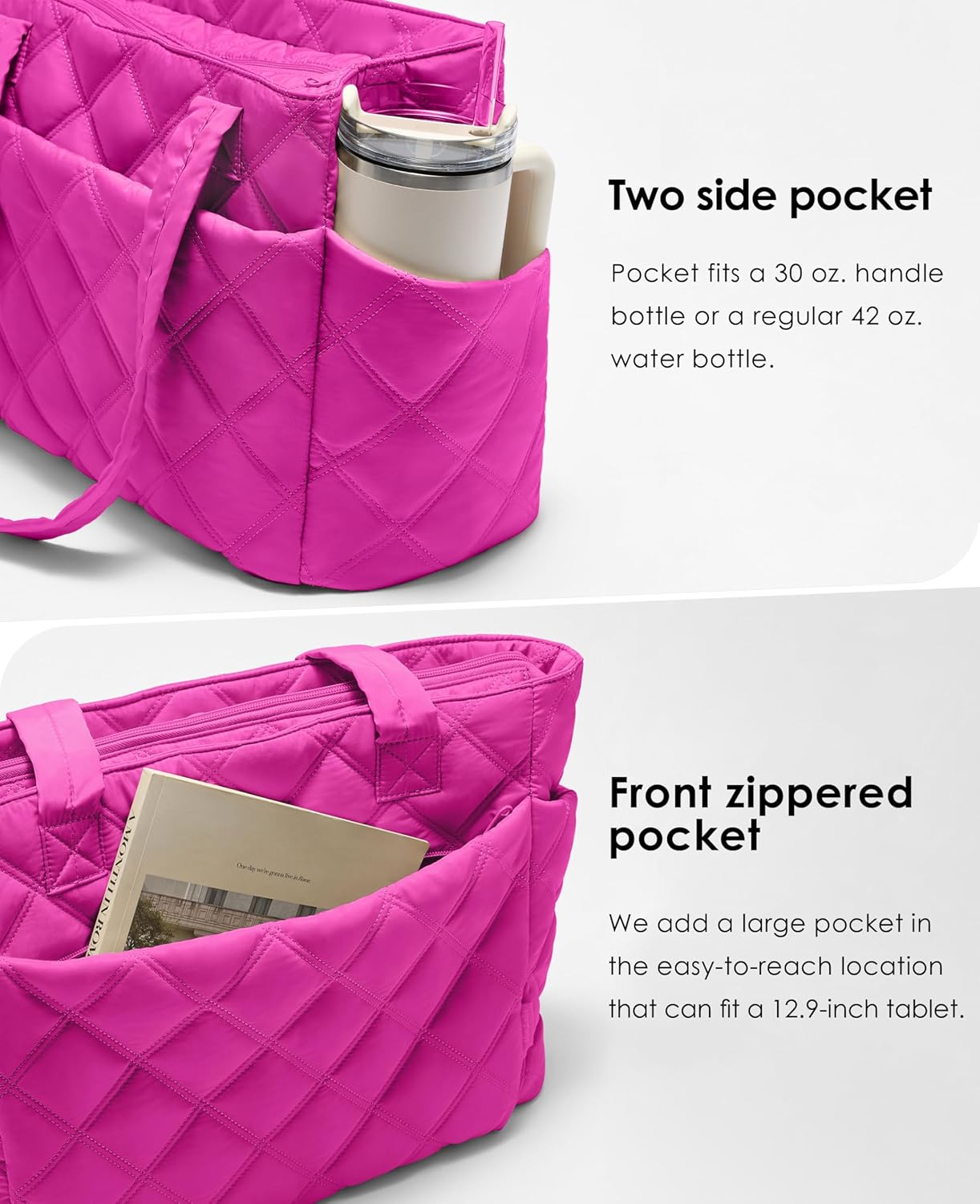 Tote Bag for Women, Lightweight Puffer Tote Work Bags with Compartments for Travel, Quilted Shoulder Bag with Zipper
