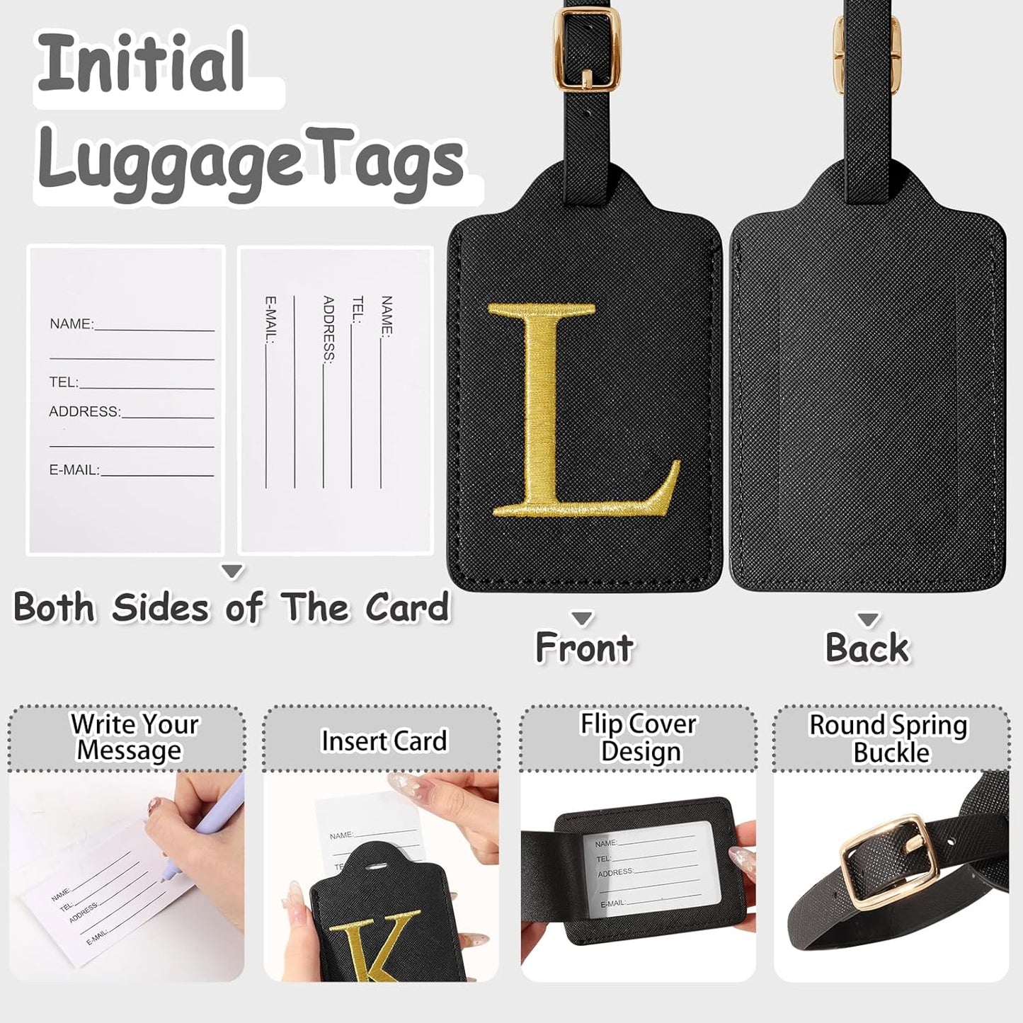 Personalized Initial Luggage Tags for Suitcases, Cute PU Leather Embroidered Letter Travel Luggage
