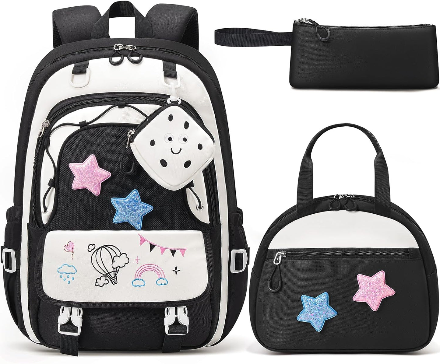 Fimibuke Kids Backpack for Girls, 4 PCS Waterproof Teen Girls Backpack with Lunch Box, Pencil Case & Headphone Bag Set