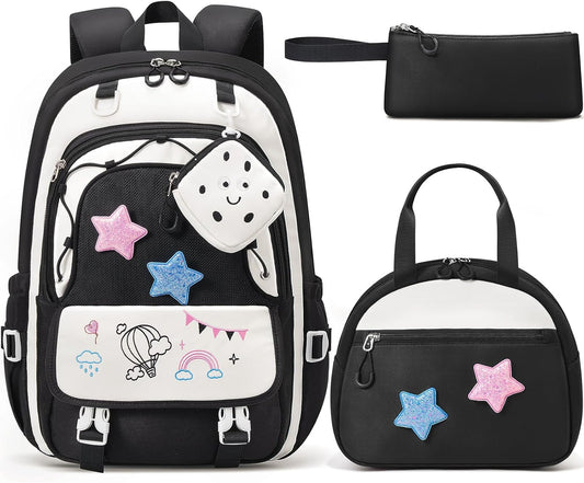 Fimibuke Kids Backpack for Girls, 4 PCS Waterproof Teen Girls Backpack with Lunch Box, Pencil Case & Headphone Bag Set