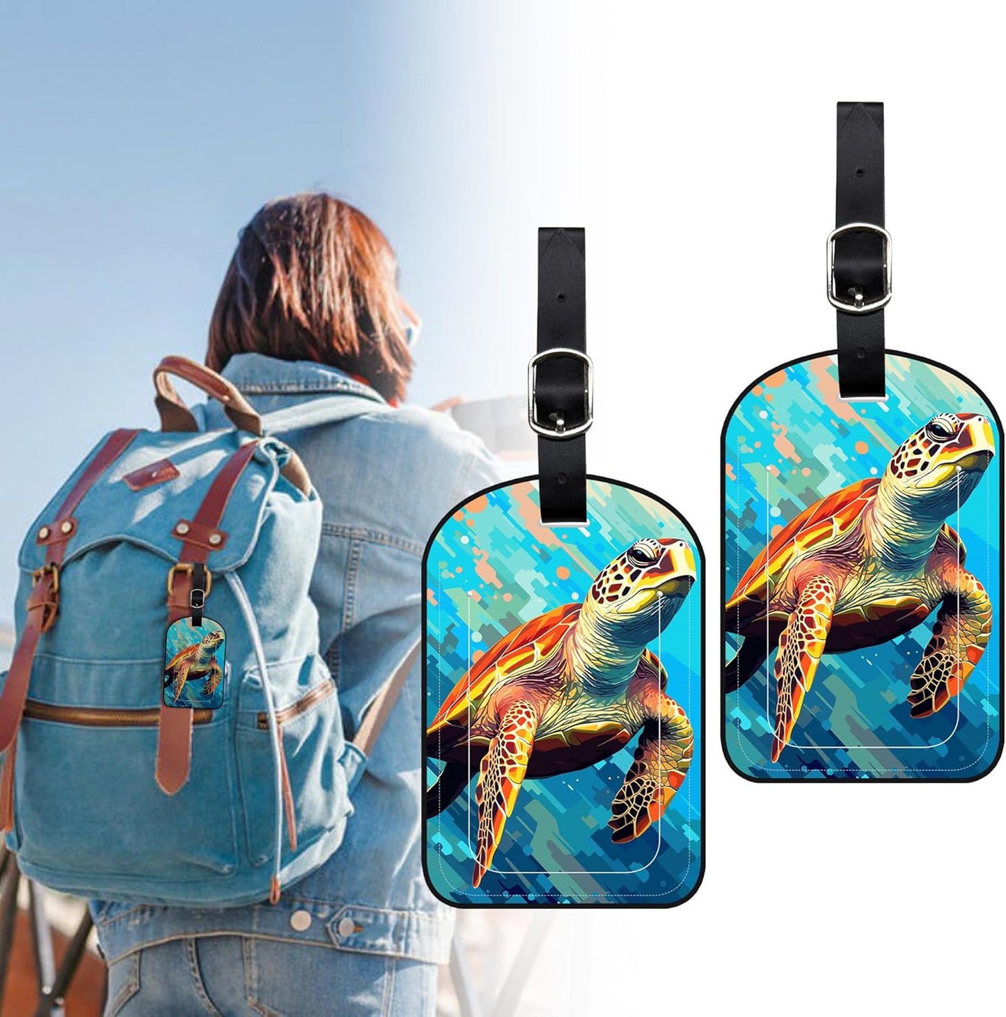 2 Pack Luggage Tags Watercolor Sea Turtle PU Leather Baggage Handbag Suitcase Tags with Secure Strap Privacy Cover ID Labels,Business Travel Baggage Tag Identifier
