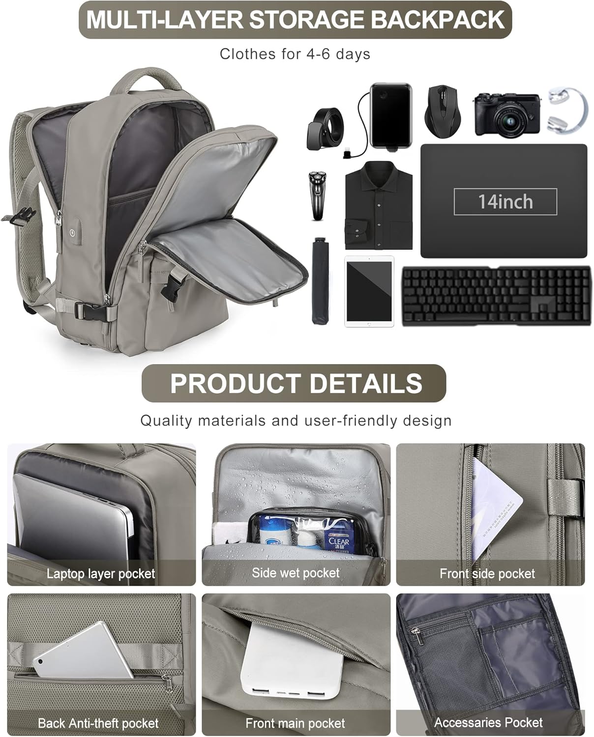 VGCUB Large Travel Backpack Bag for Women Men,Carry on Backpack,17 Inch Laptop Business Work Waterproof Backpack with Laptop Compartment,Person Item Flight Approved,Mochila de Viaje,Large Brown