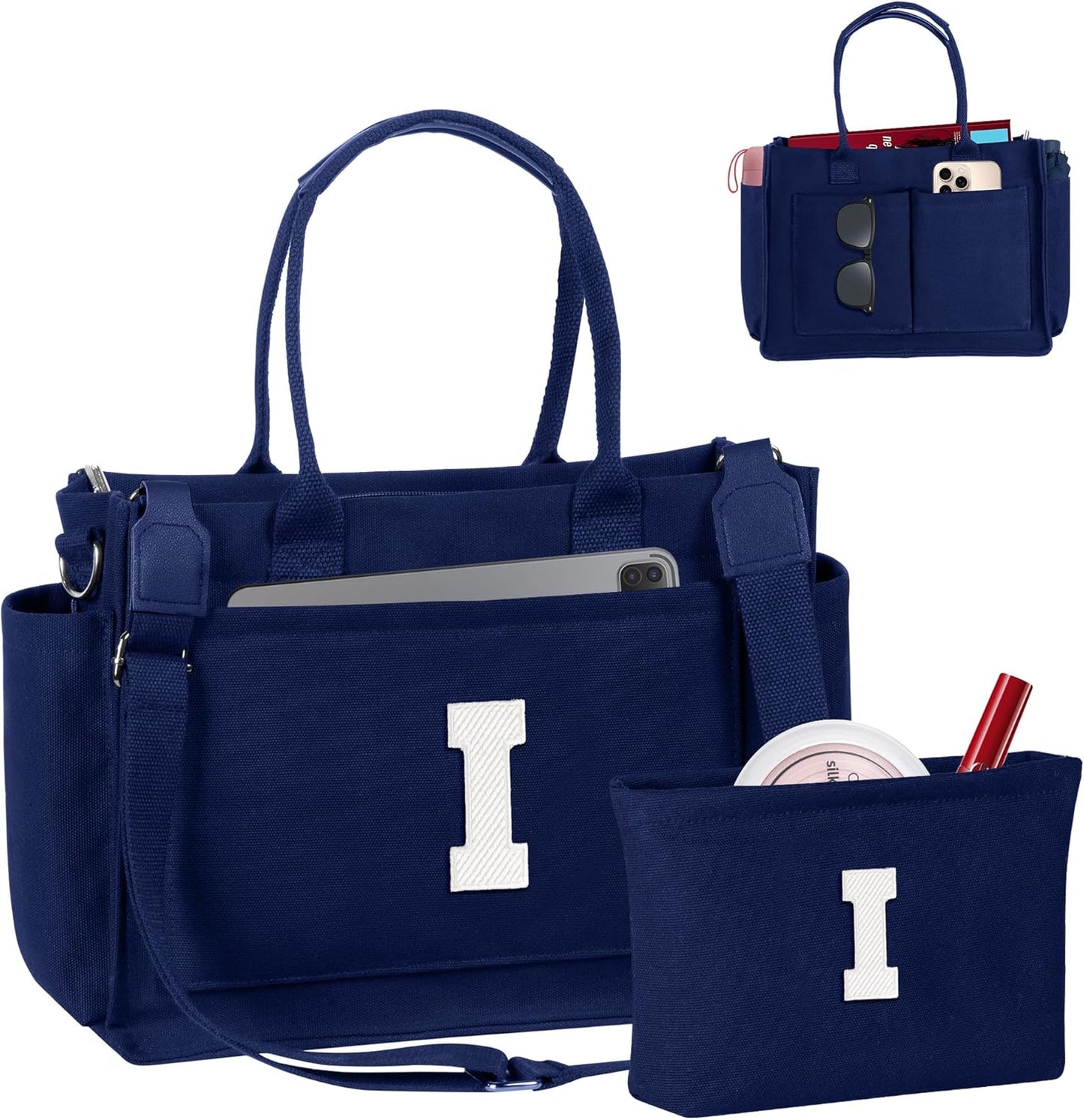 Gifts for Women Teen Girls, Initial Tote Bag with Zipper, Letter Canvas Tote Purse for College Work Laptop Beach