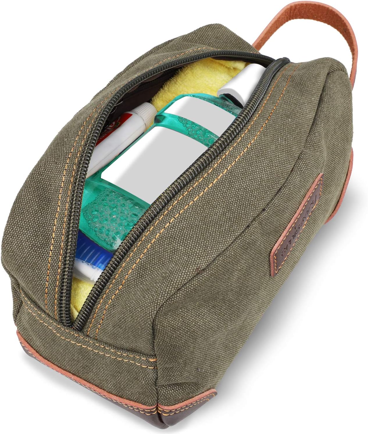 Emissary Men's Leather and Canvas Travel Toiletry Dopp Kit, Shaving Bag (Dark Green)