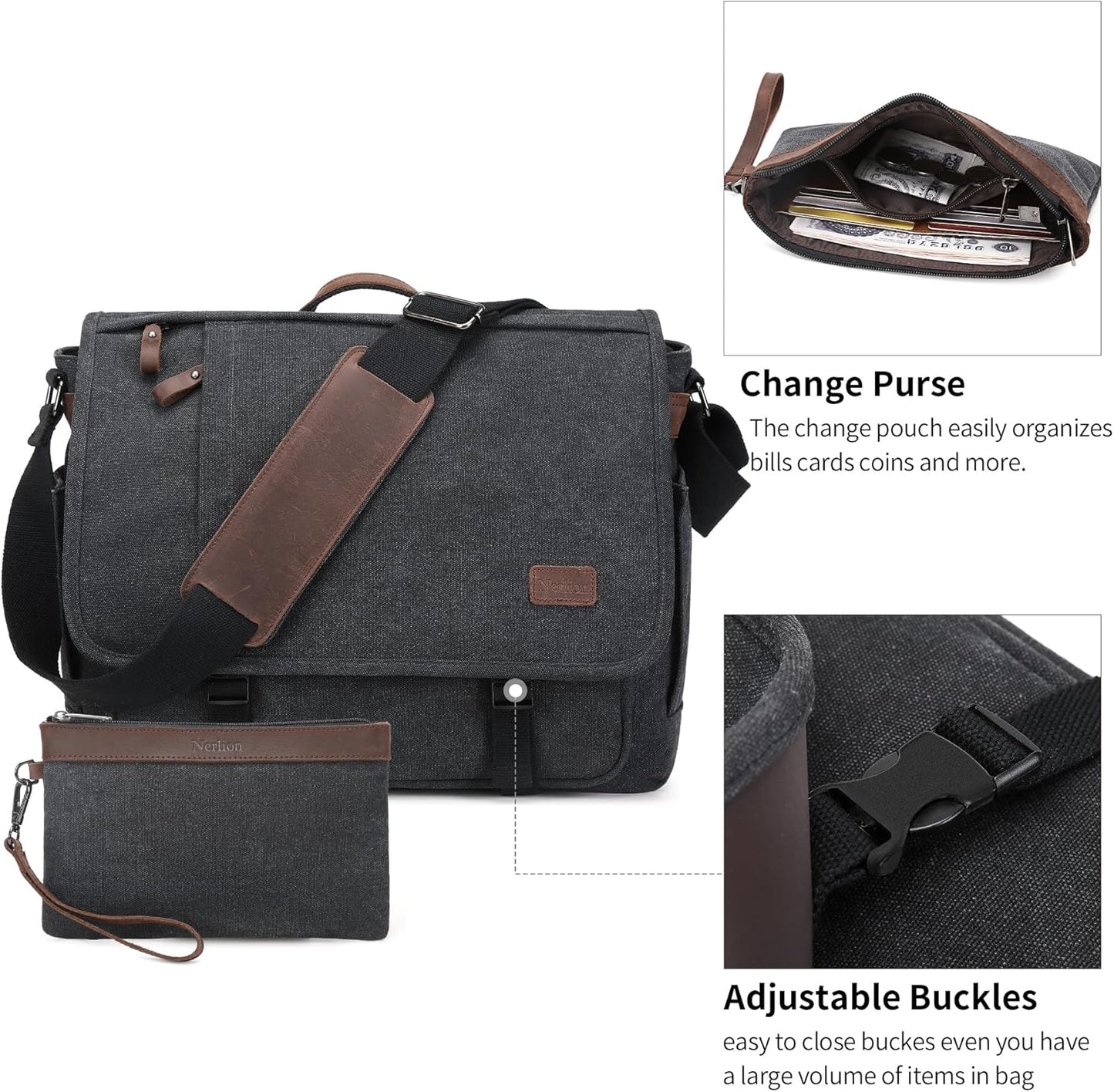 Nerlion Messenger Bag for Men 17-17.3 Inch Laptop Bag Canvas Water-resistant Computer Bag Shoulder Bag Work Briefcase Bookbag for College (Dark Gray)