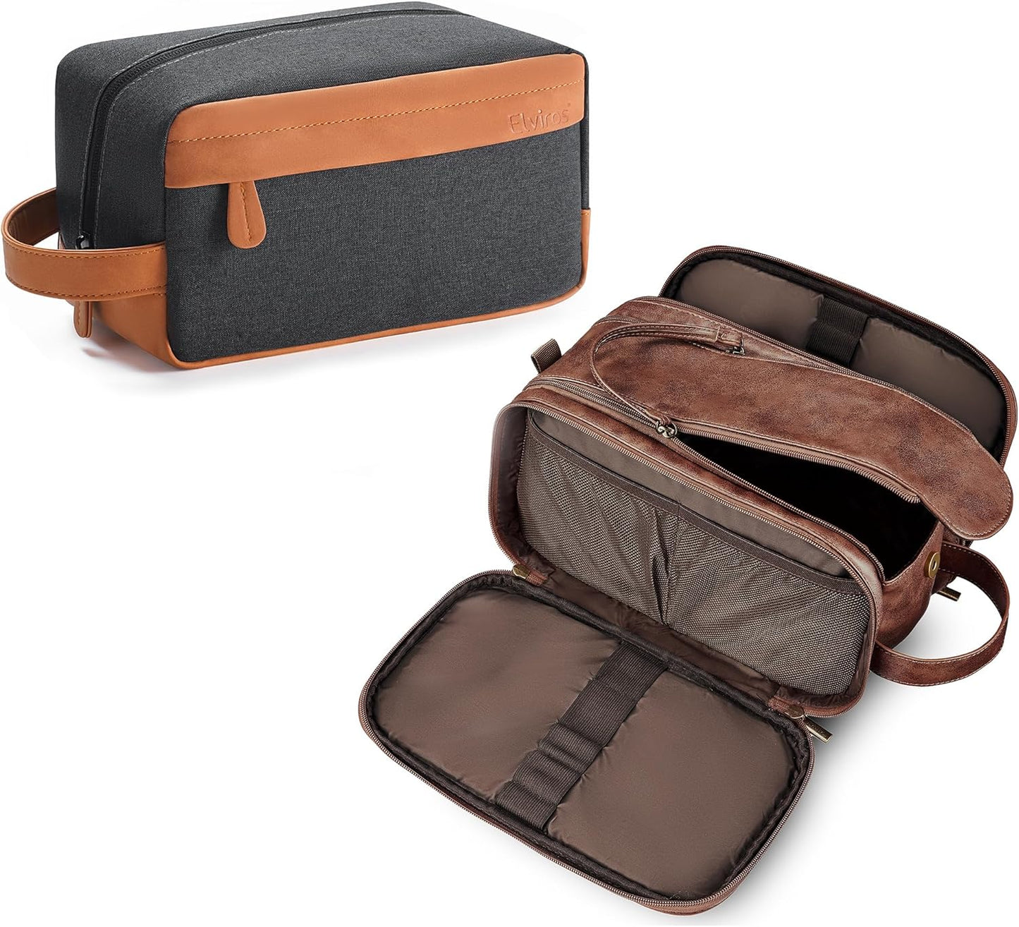 Elviros Travel Toiletry Bag Gift for Men，Mens Toiletries Bag Gifts Set Shaving Dopp Kit Water-resistant Bathroom Toiletries Organizer PU Leather Cosmetic Bags 2 Pack Dark Brown and Brown