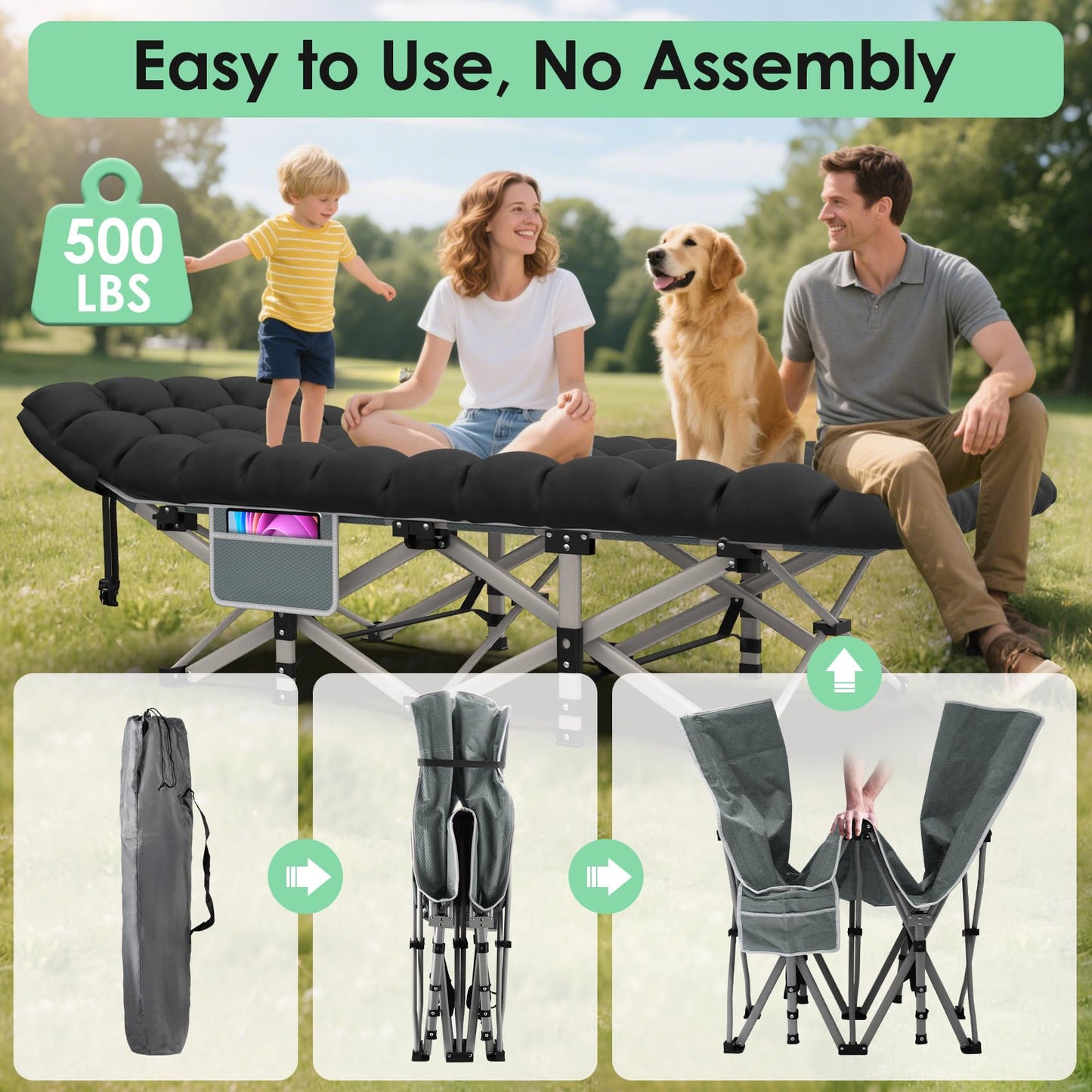 Suteck Camping Cot, Folding Camp Bed for Adults with Soft Thicker Cushion