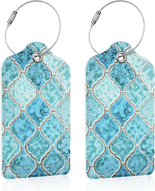 Luggage Tags for Suitcase,2 Pack Turquoise Luggage Tag,PU Leather Id Label Luggage Tags with Stainless Steel Loop and Privacy Cover for Women Men Teens Travel