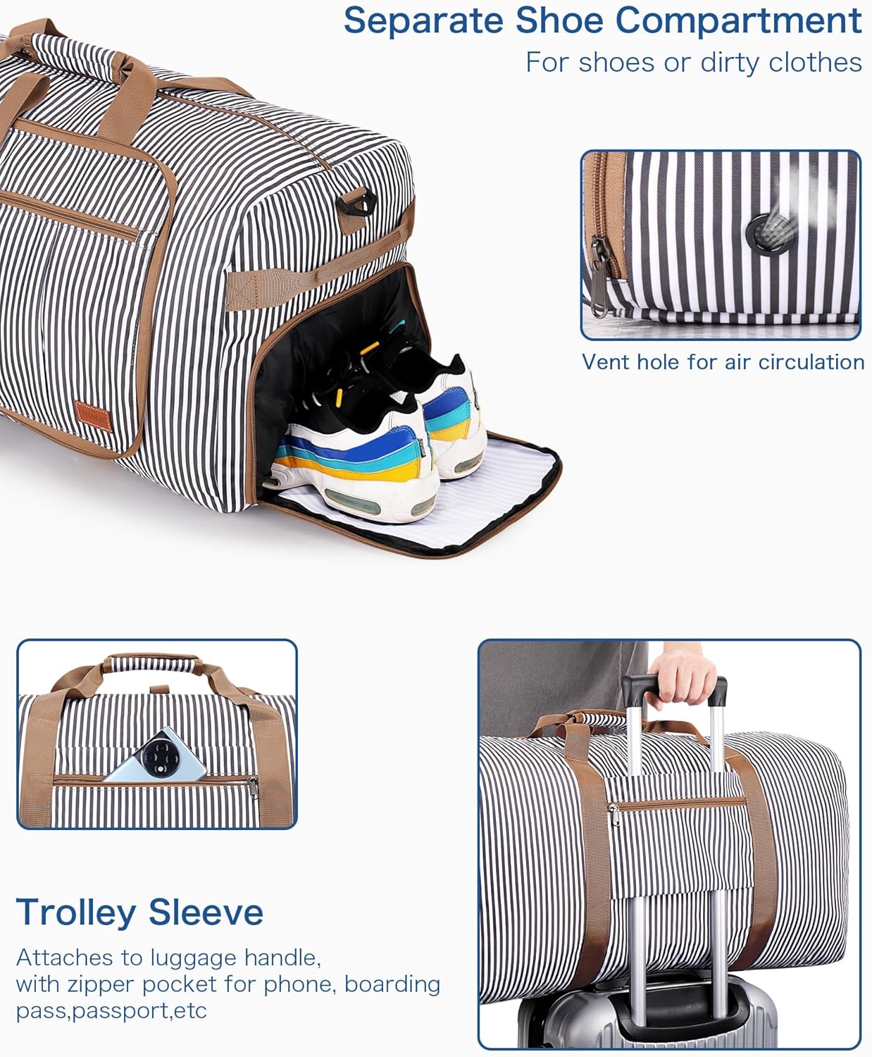 80L Large Duffle Bag for Travel, 26” Travel Duffel Bag with Shoe Compartment, Foldable Collapsible Overnight Bag Gym Bag Weekender Bags for Men Women, Water & Tear Resistant (Stripe, 80L)