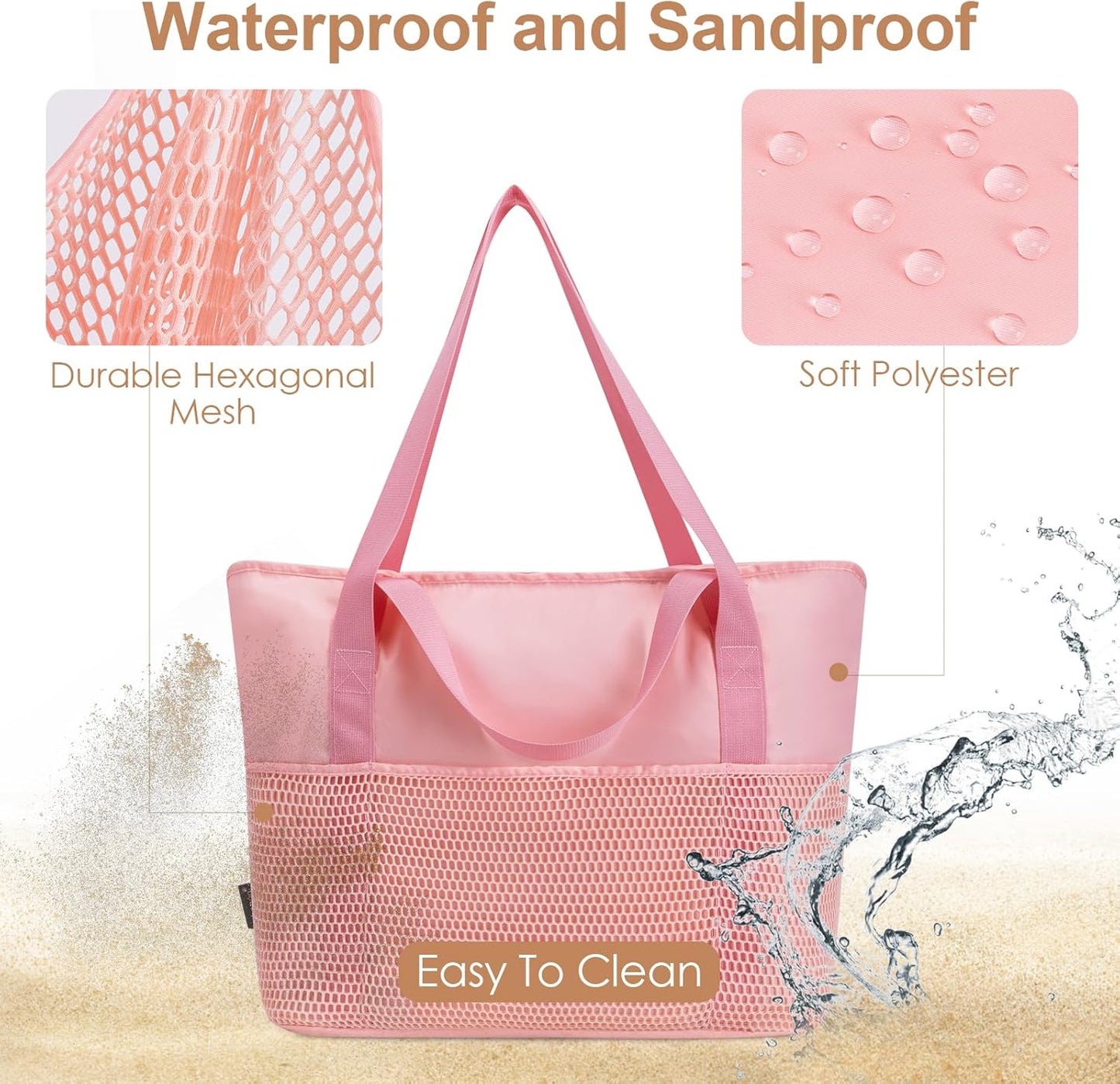 KABAQOO Large Beach Bag Waterproof Sandproof Tote Bag for Women with Zipper & Mesh Pockets for Pool