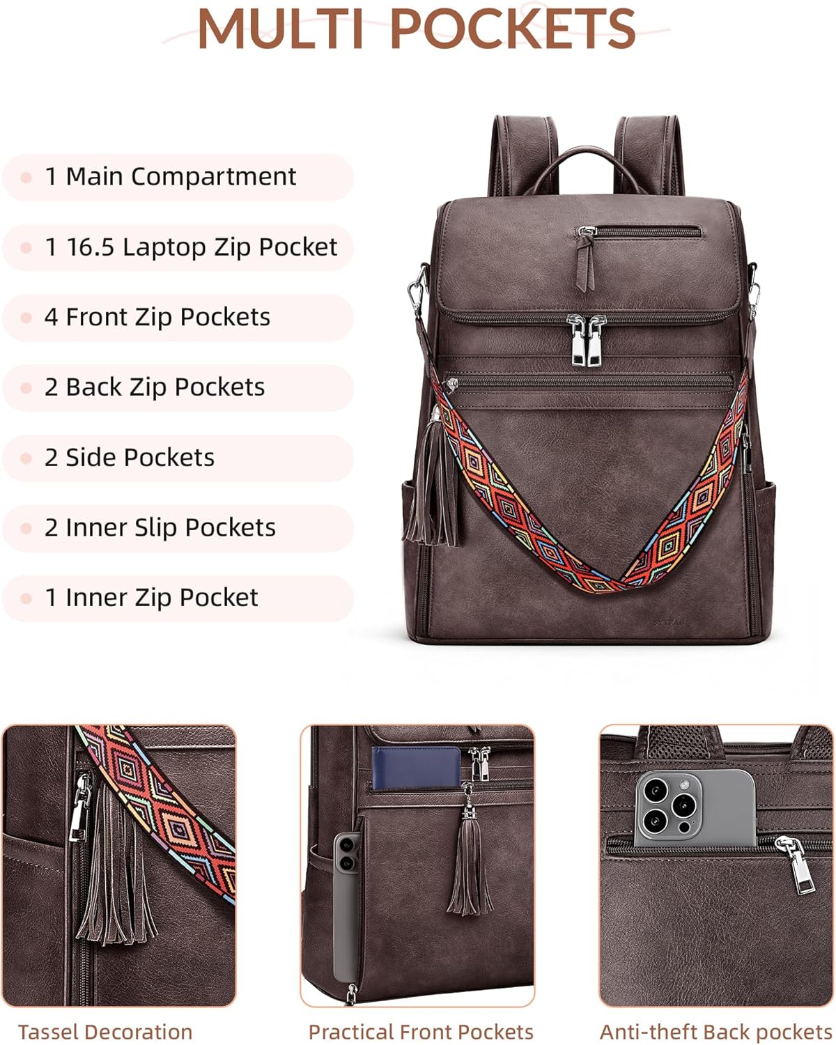 Leather Laptop Backpack for Women Designer Laptop Bag, 16.5 inch Travel Computer Backpacks Purse with Tassel for Work Business with Satchel Purse Dark Coffee
