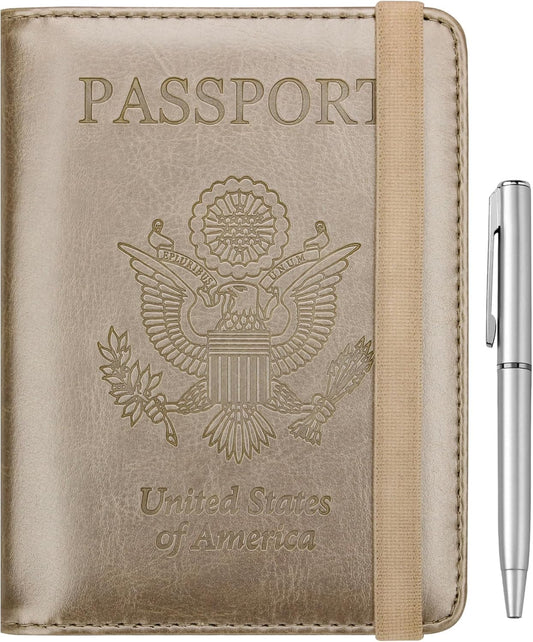 WALNEW Passport Holder for Travel, RFID Passport Cover Wallet for Women Men, PU Leather Passport Book Card Holder Case with Pen, Travelling Essentials for Flying