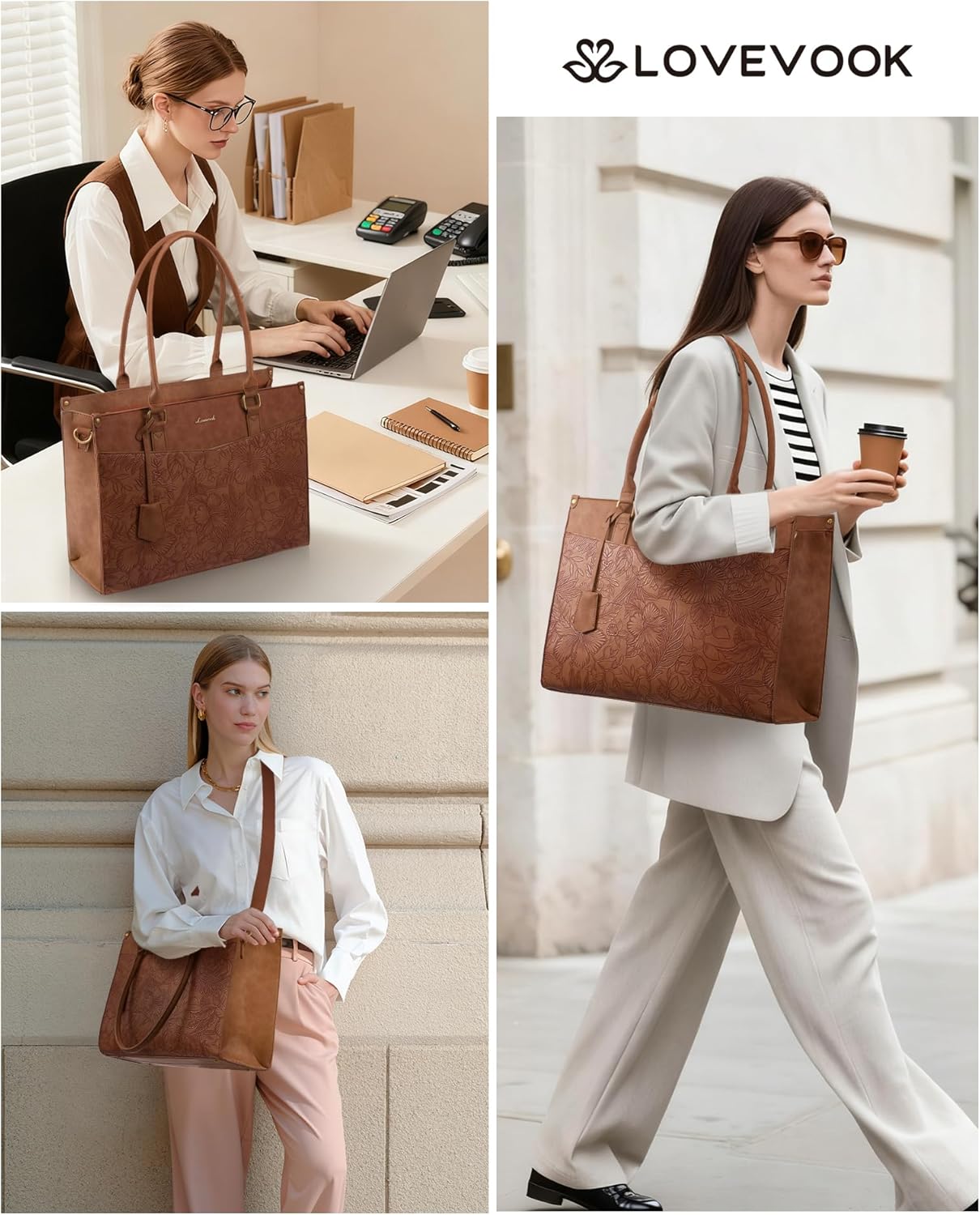 LOVEVOOK Laptop Bag for Women, 2-in-1 Tote Purse with Clutch & Cup Holder, Waterproof Briefcase for Work Travel