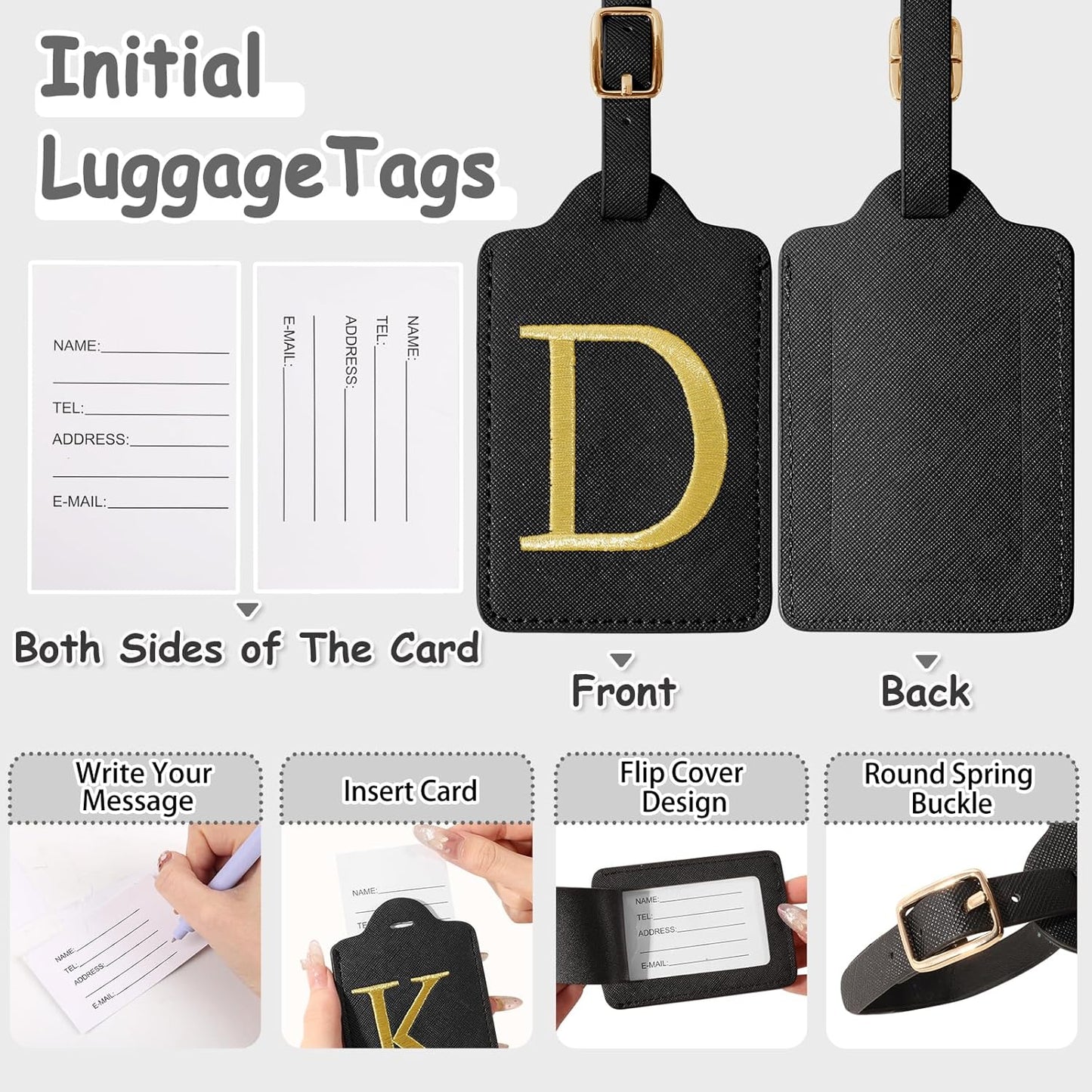 Initial Letter Luggage Tags for Suitcases, Embroidered Monogrammed Suitcase Luggage Identifier Name Tag, PU Leather TSA Approved Luggage Tags, Bag Tags for Men Women Kids Luggage Handbags(Black D)