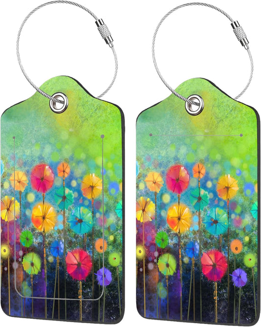 2 Pack Luggage Tags for Suitcases,Abstract Floral Watercolor Painting Luggage Tag,PU Leather Id Label Luggage Tags with Stainless Steel Loop and Privacy Cover for Women Men Teens Travel