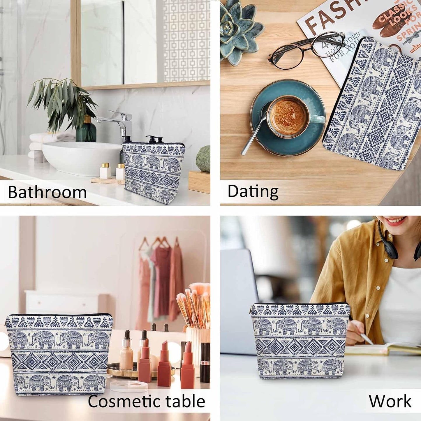 Elephant Cosmetic Bags For Women, Ethnic Geometric Elephant Roomy Makeup Bag Toiletry Bag