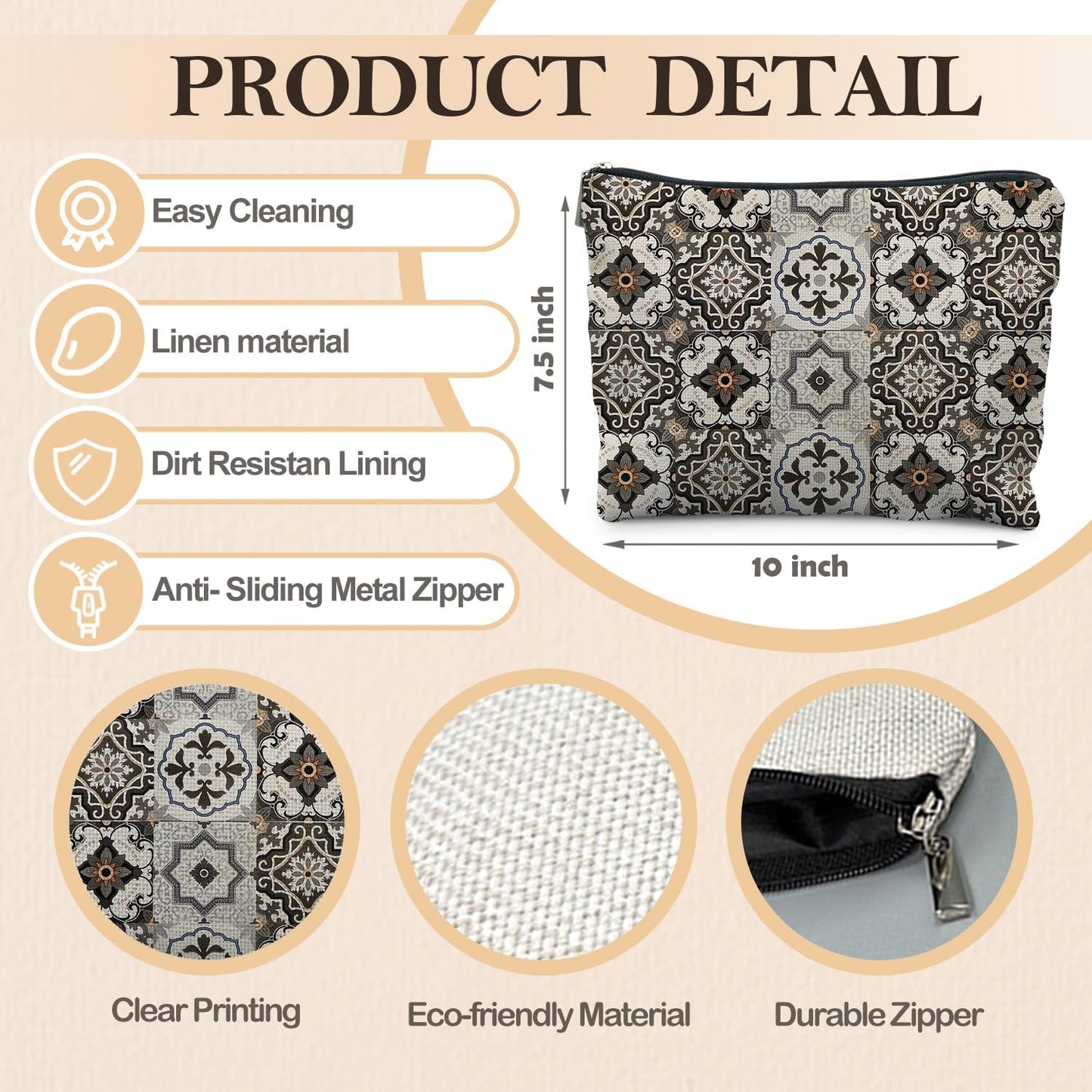 Vintage Boho Block Print Makeup Bag, Ethnic Moroccan and Mediterranean Tile Cosmetic Bags for Women, Mexican Gifts for Women, Boho Traditional Mandala Zipper Makeup Pouch