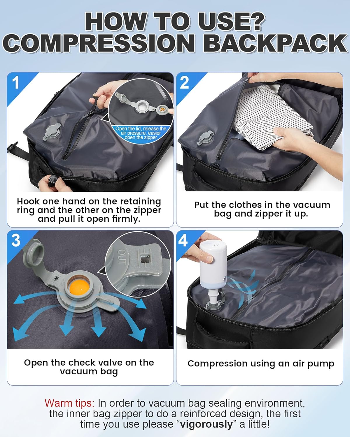 Vacuum Backpack Travel with Pump,Personal Item Carry on Vacpack Backpacks Flight Approved 18x14x8 inches for Men,Mochila compresion al vacio,Black