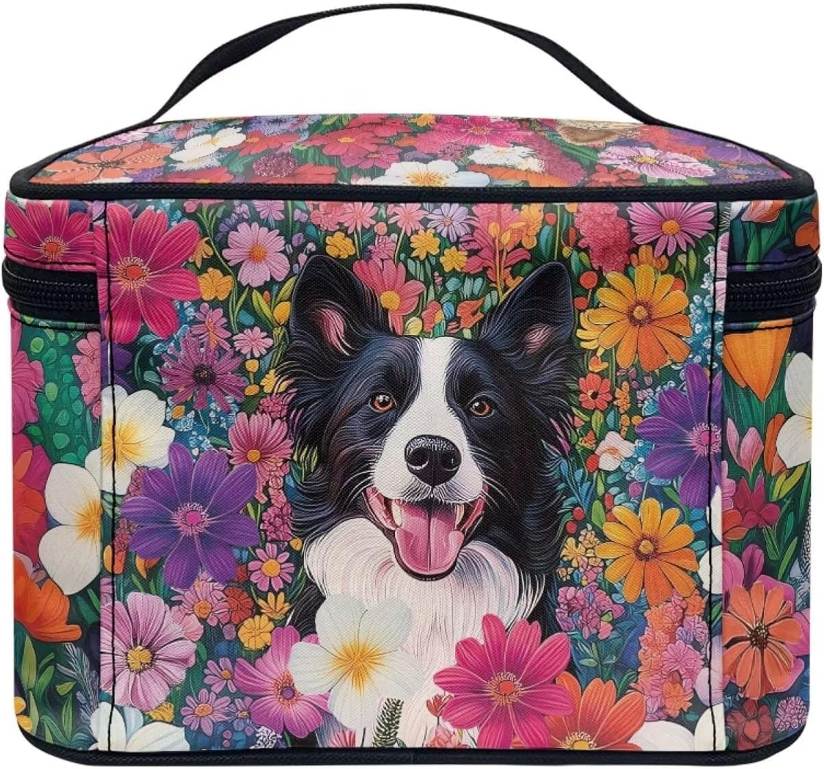 JoyLamoria Collie and Flower Cosmetic Bag Outdoor Travel Makeup Bag Cute Cosmetic Wallet Coin Purse for Teens