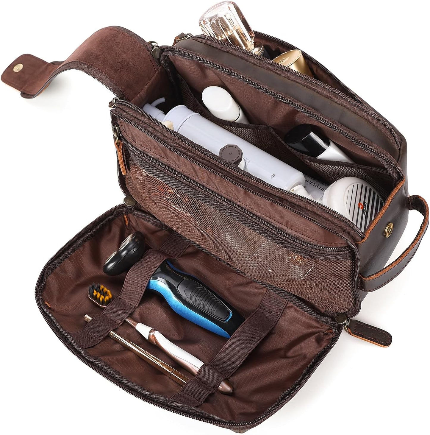 Polare Full Grain Leather Toiletry Bag for Men Large Travel Cosmetic Case Dopp Kit Shaving Kit Wash Pouch with YKK Zippers