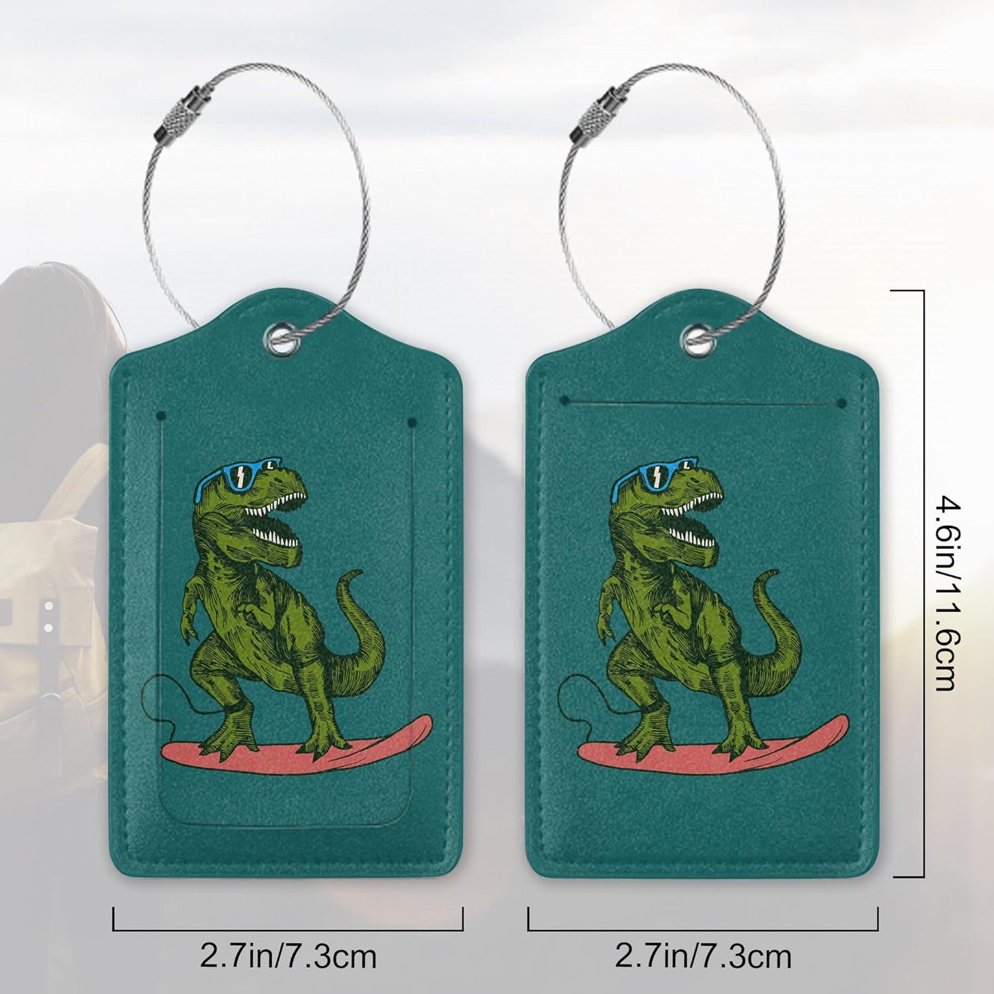 2 Pack Luggage Tag for Suitcase,Dinosaur Leather Suitcase Tags Identifiers with Privacy Name Address Labels & Durable Steel Loop for Women/Men Travel,Happy Dinosaur Surfer