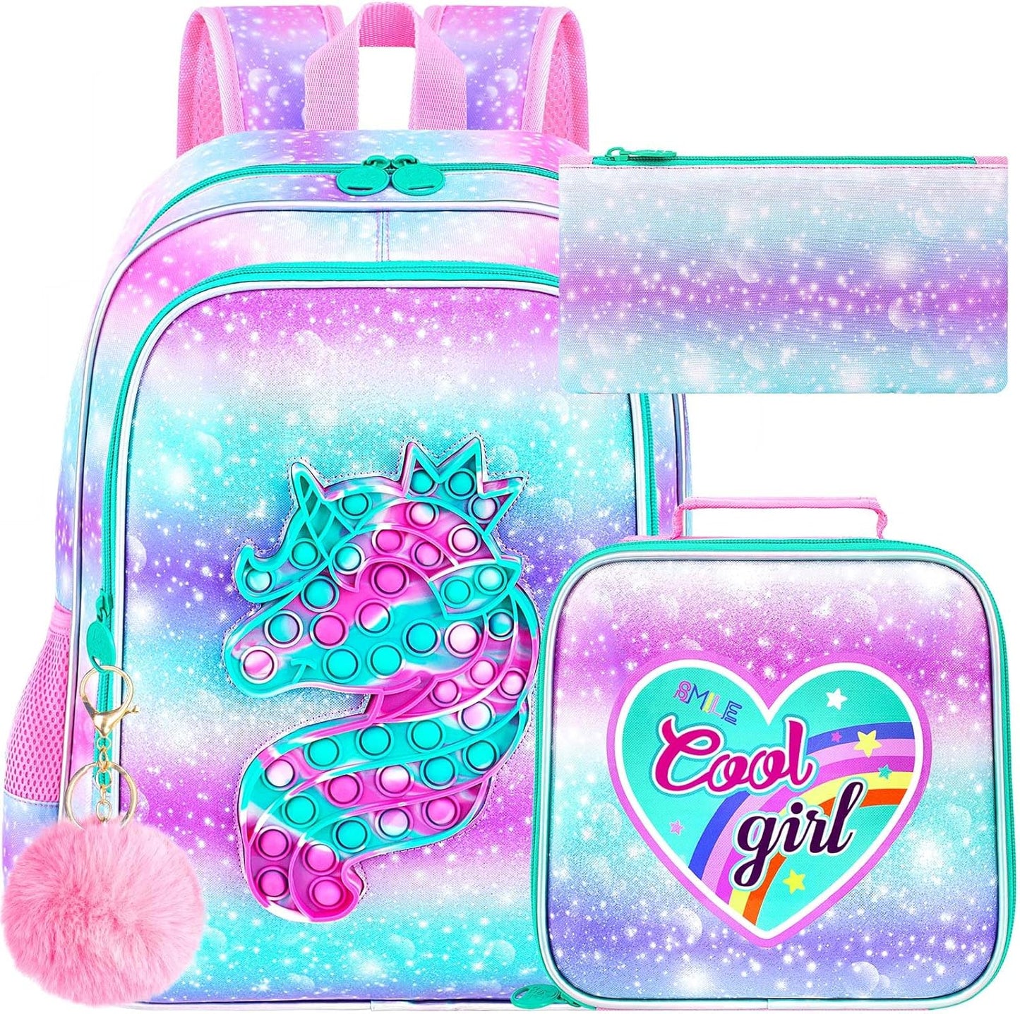 CCJPX 3PCS Unicorn Backpack for Girls, 16”Kids Water Resistant Elementary Preschool Kindergarten School Bookbag with Lunch Box - Pink
