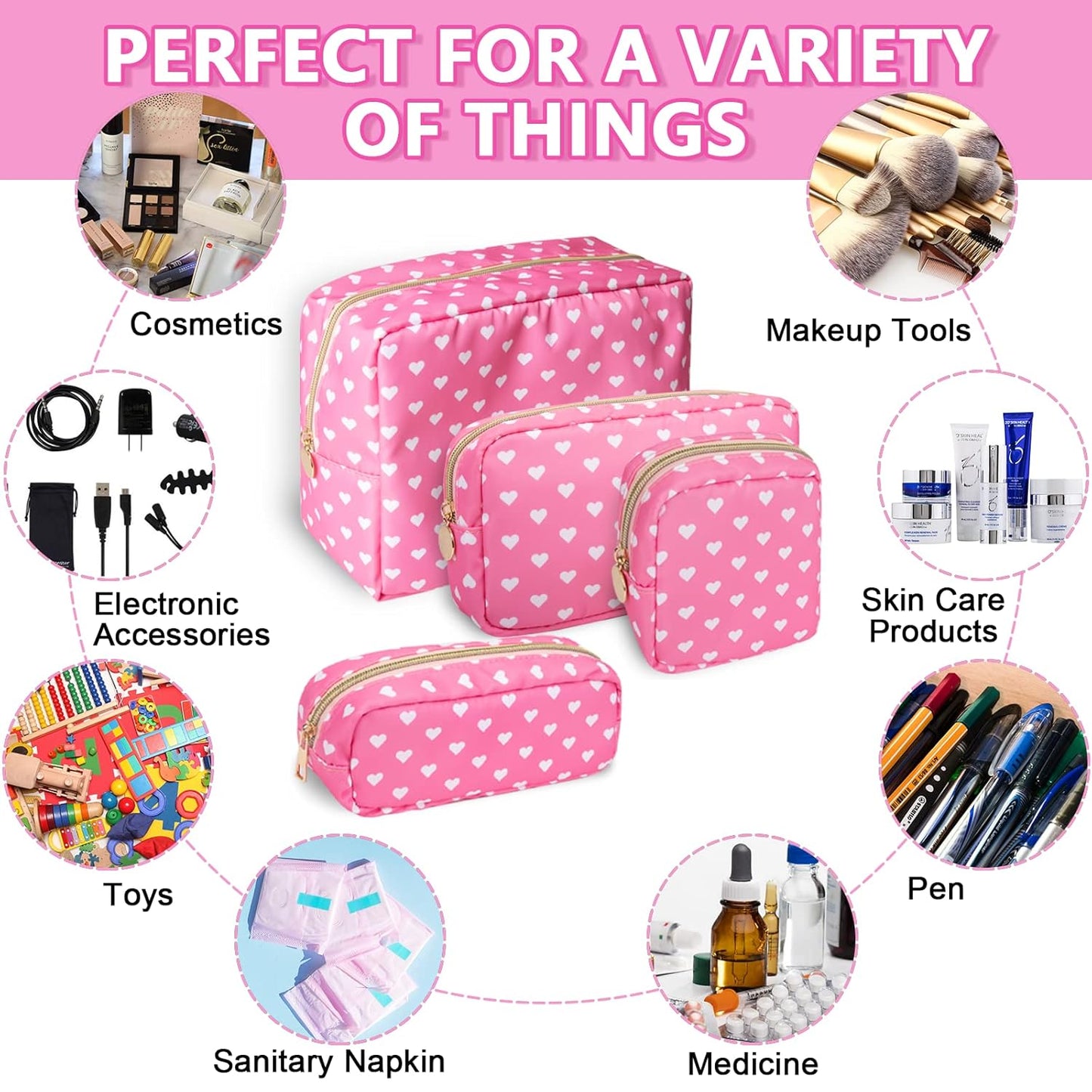 Small Makeup Pouch for Purse，Nylon Travel Toiletry Storage Cute Preppy Cosmetic Bag for Women