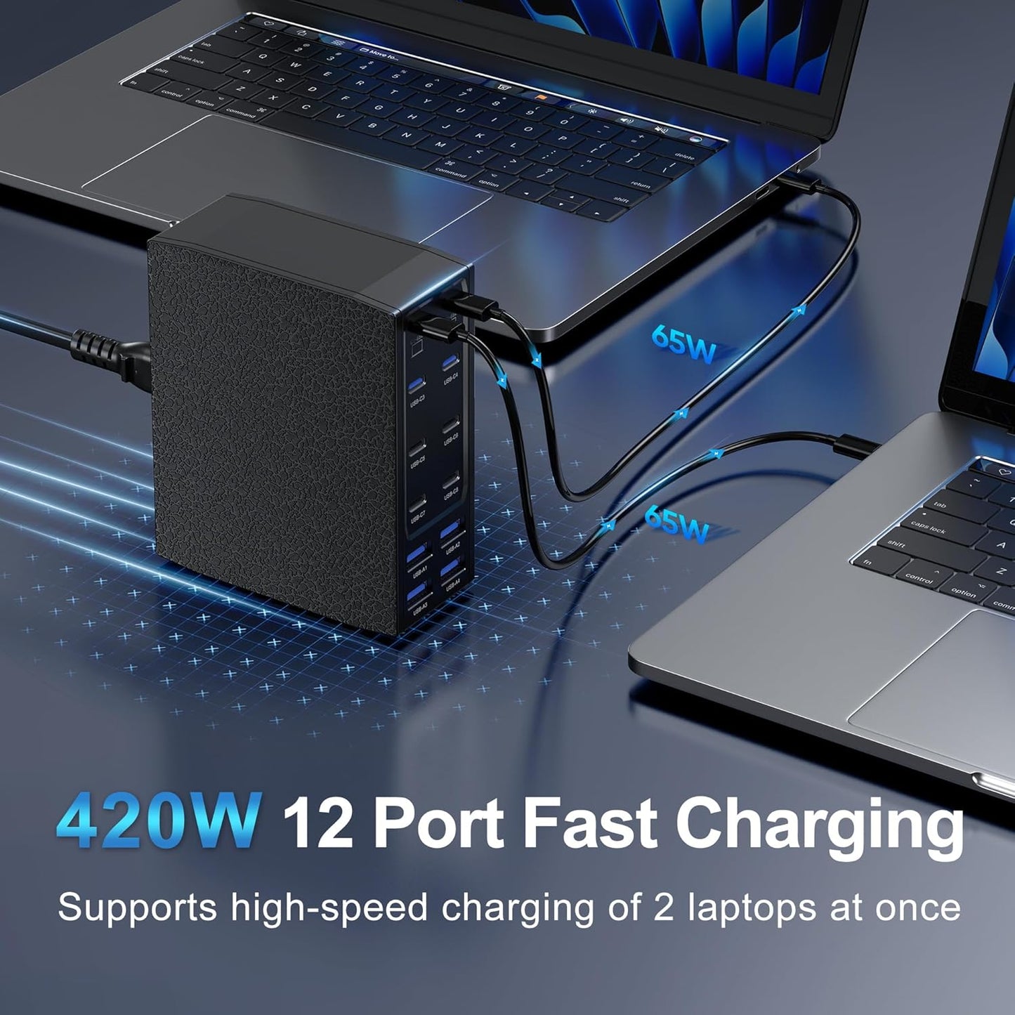 420W USB C Charger Block, 12-Port USB C Charging Station for Multiple Devices, Leather Texture Dual PD 65W Laptop Fast Charger Compatible with MacBook Pro/Air, iPad, iPhone,Galaxy and More, Black