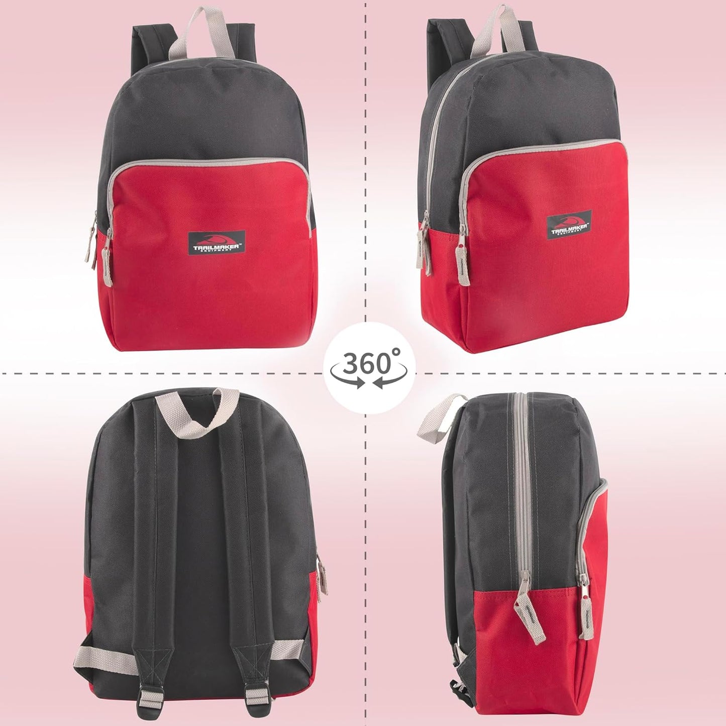 Color Block Backpacks for School Boys and Girls, 15 Inch Two Tone Colorful Small Travel Backpack for Kids (Red)