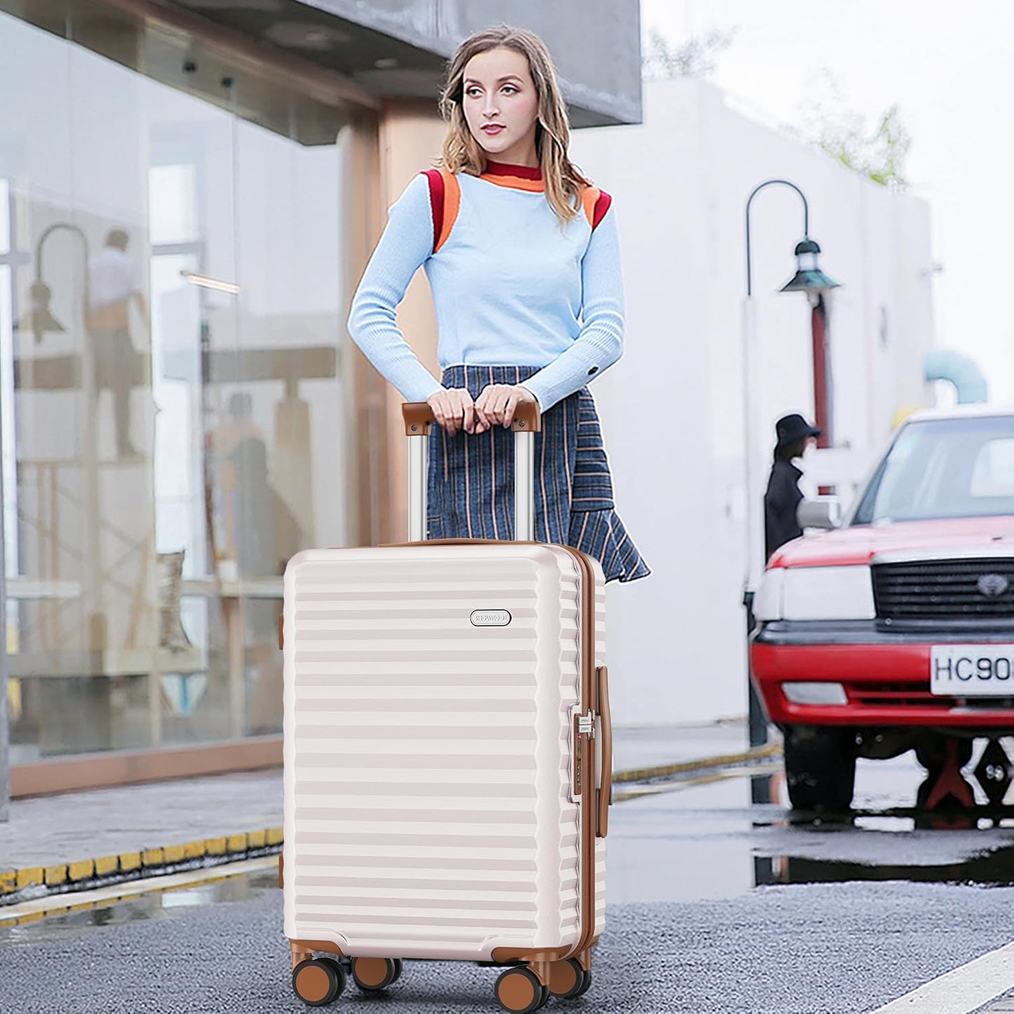 SHOWKOO Suitcase Hardside Expandable Luggage Set, Suitcase with Double Spinner Wheels TSA Lock 3 Piece Set Beige White (DB/TB/24in)
