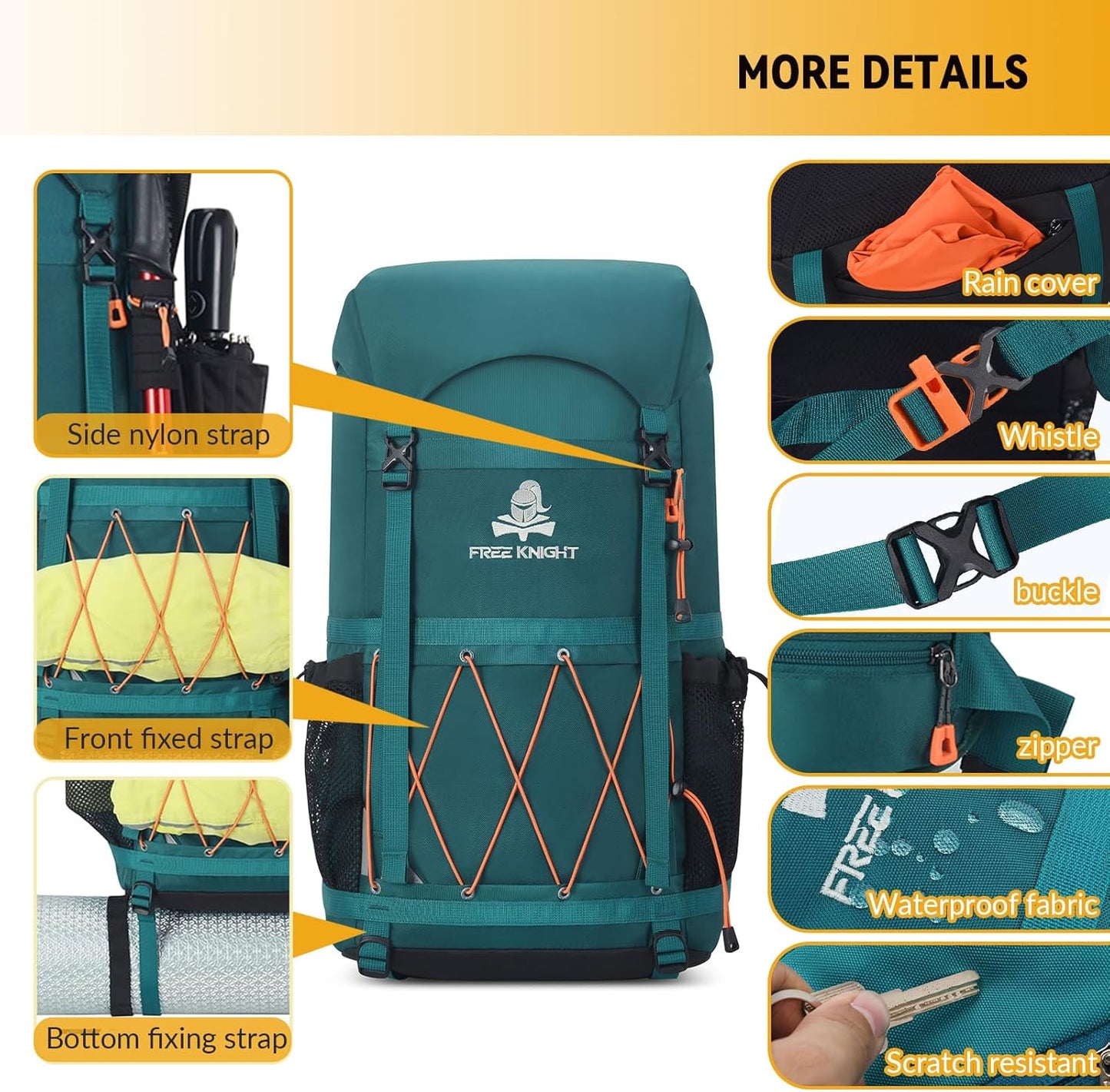 Bseash 40L Waterproof Hiking Backpack with Rain Cover, Outdoor Sport Travel Bag Daypack for Camping Climbing Skiing Cycling (Khaki)
