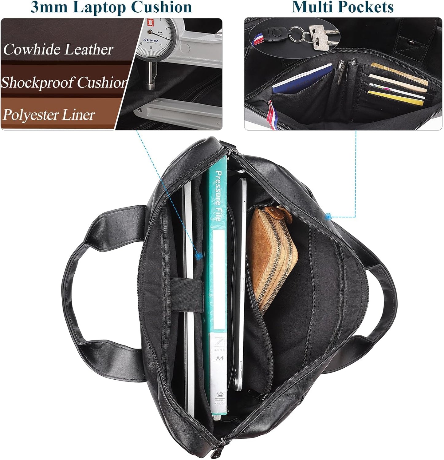 Masa Kawa Mens Leather Slim Briefcase for 16" Laptop Black Waterproof Crossbody Shoulder Messenger Computer Bag for Business Travel Office Work