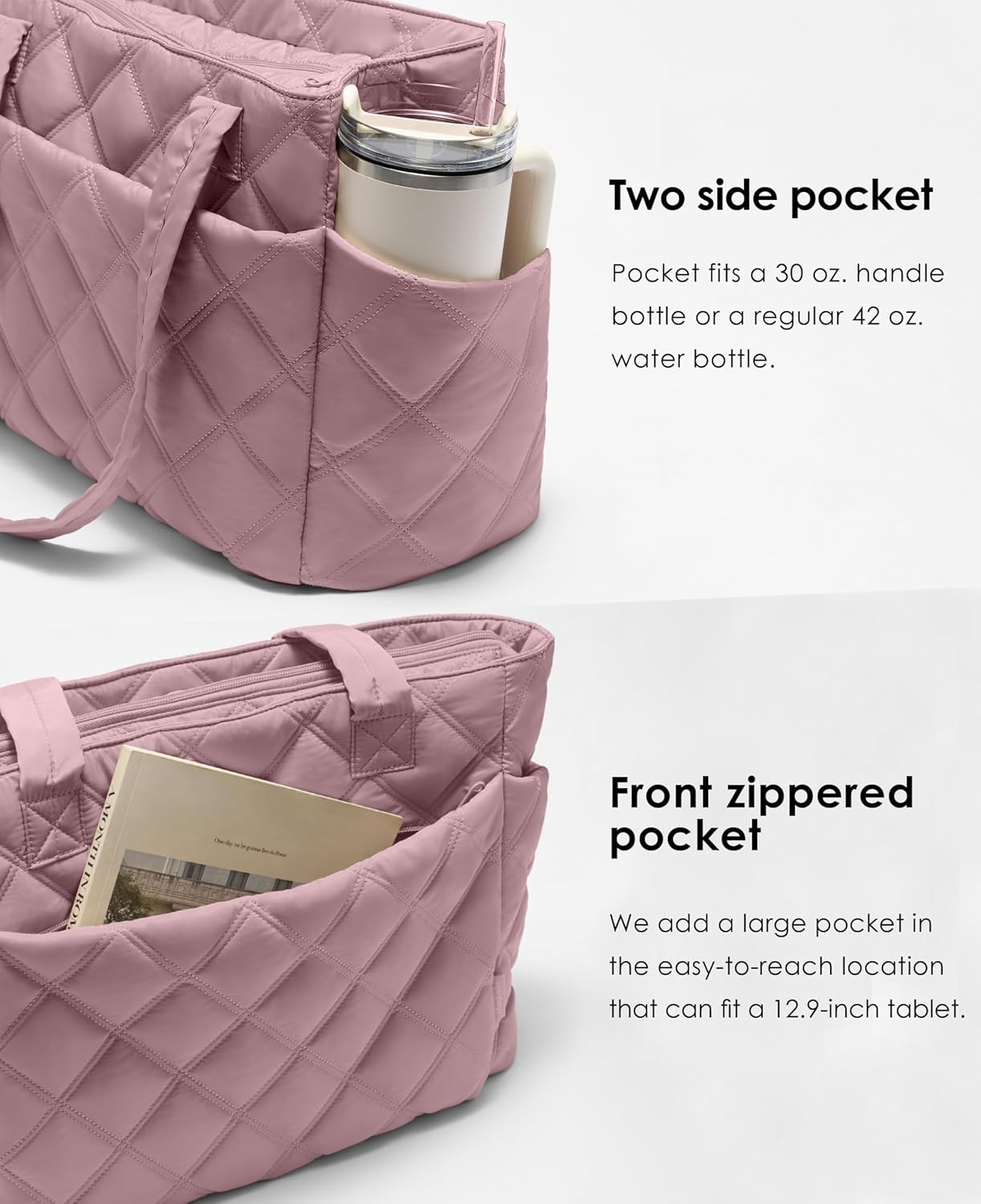 Tote Bag for Women, Lightweight Puffer Tote Work Bags with Compartments for Travel, Quilted Shoulder Bag with Zipper