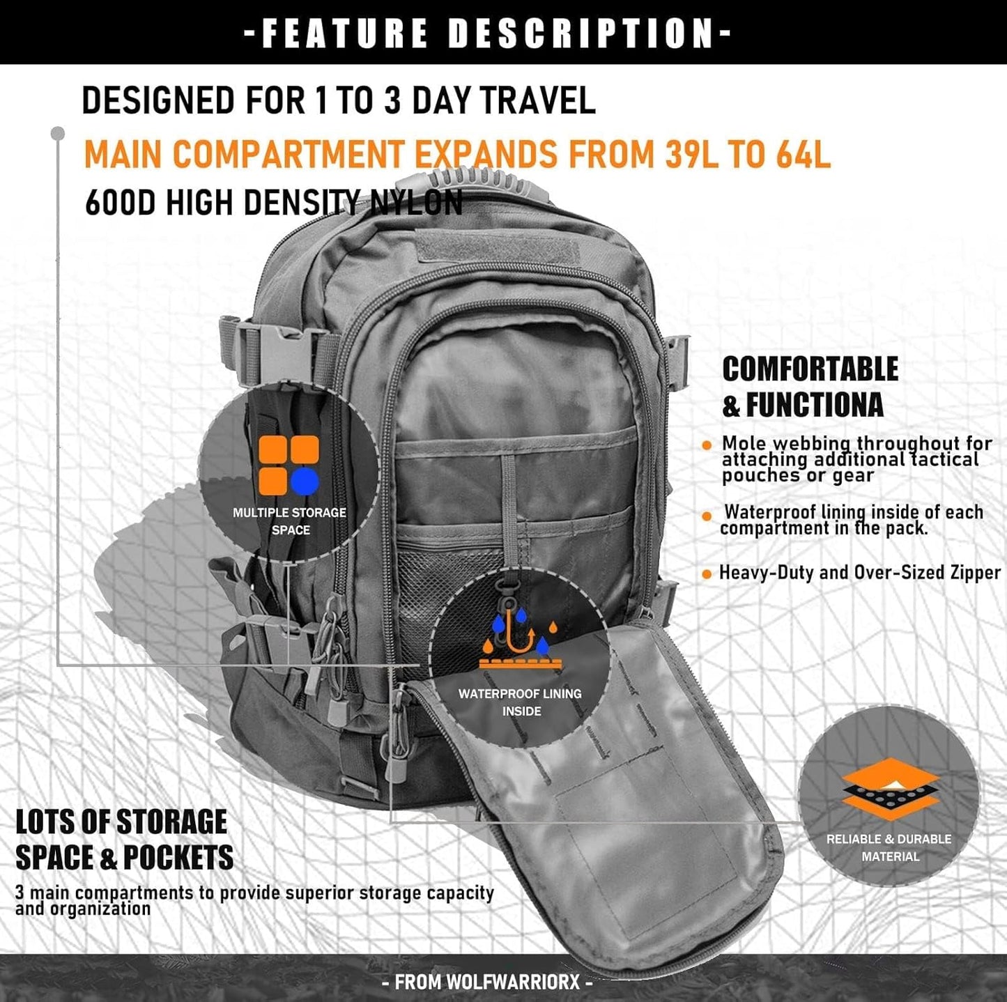 Tactical Backpack Military Hiking Daypack - Molle Backpack for Men 3 Day Assault Pack Bug Out Bag for Camping (Grey)