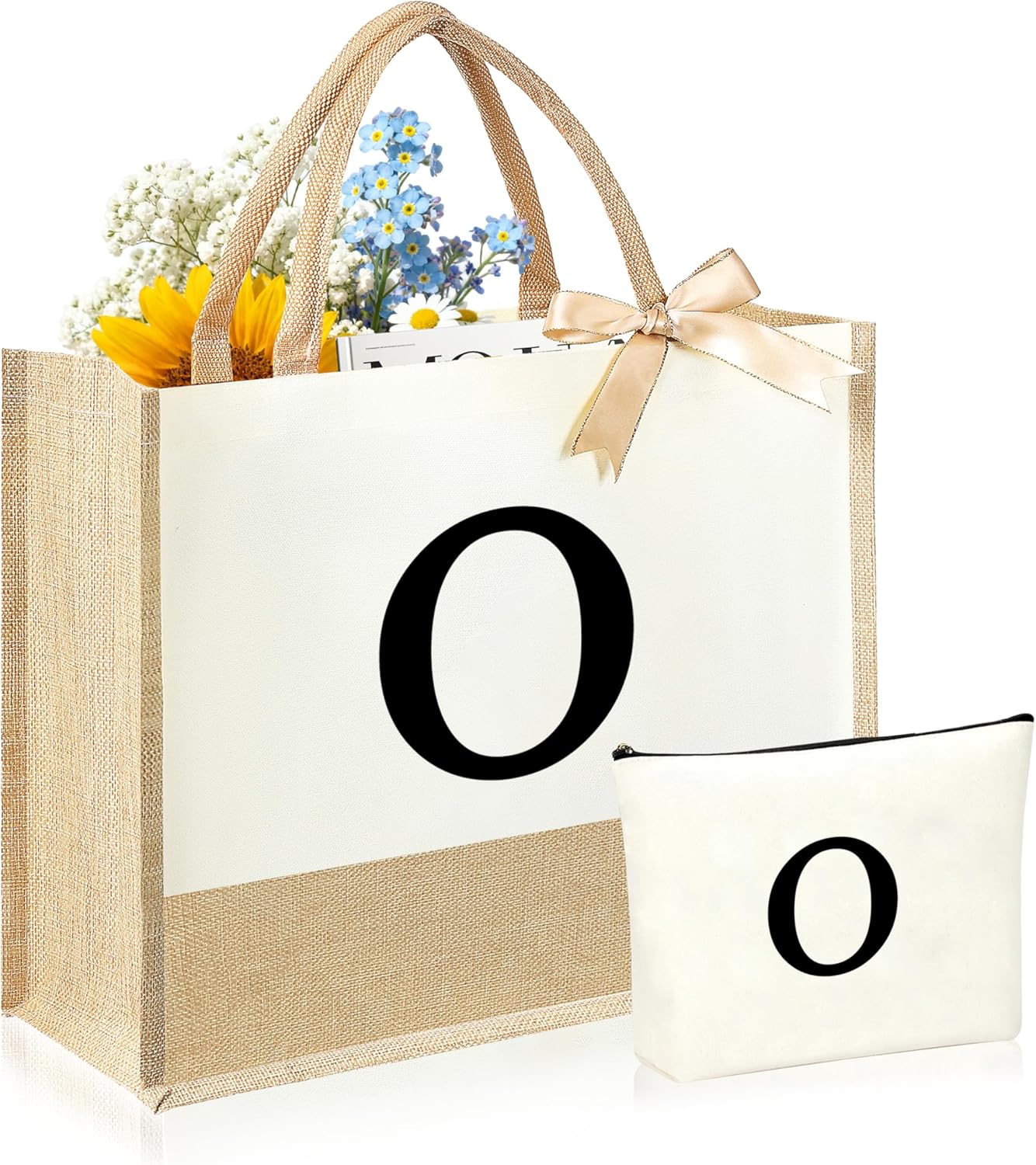 Initial Canvas Tote Bag & Makeup Bag for Women Teacher Bridesmaids，Personalized Present for Wedding, Birthday, Beach