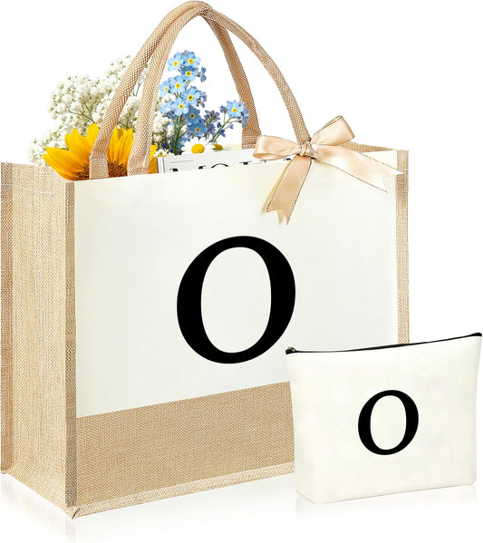 Initial Canvas Tote Bag & Makeup Bag for Women Teacher Bridesmaids，Personalized Present for Wedding, Birthday, Beach