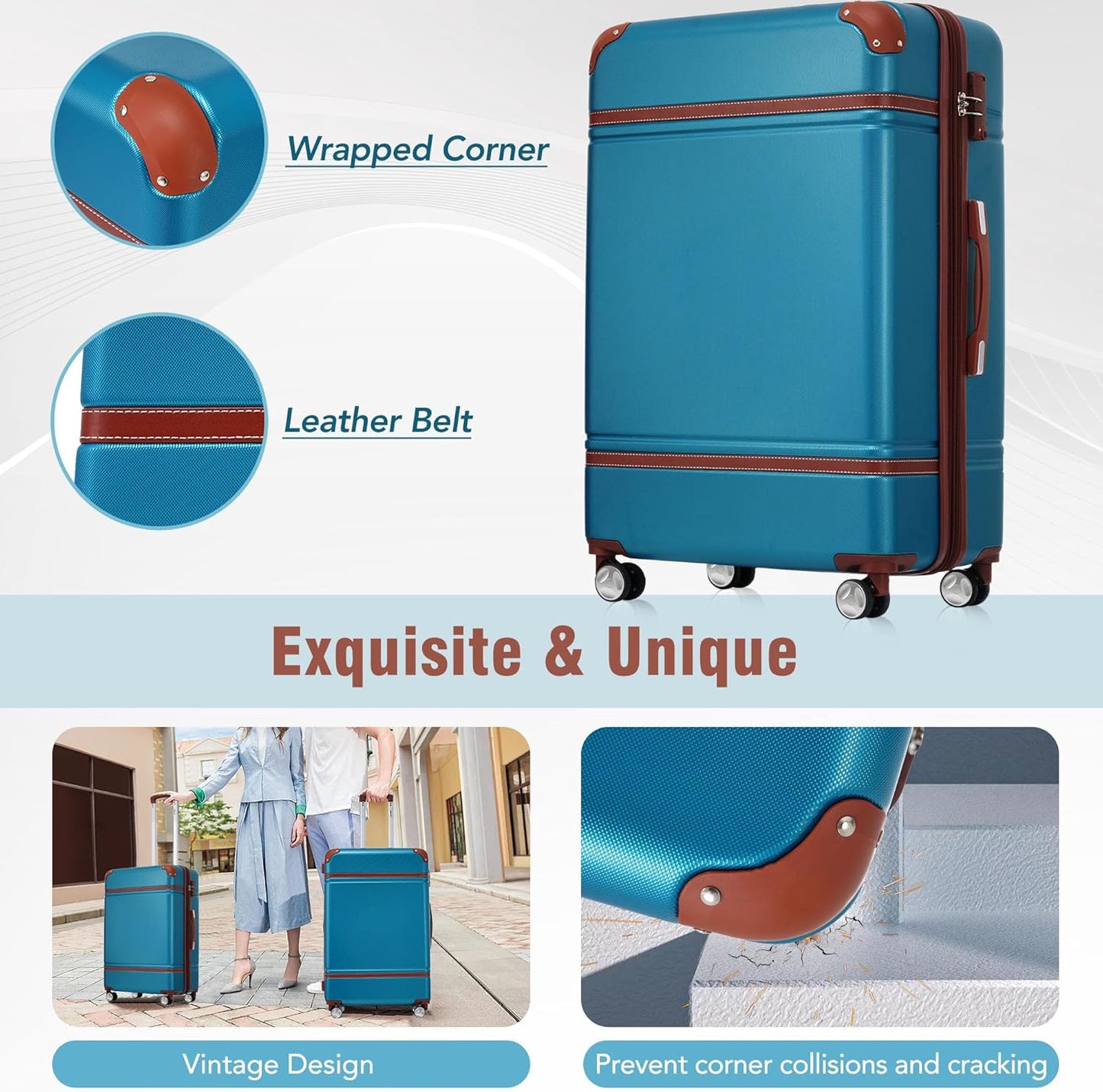 Merax Luggage Set 3 Piece Suitcase Set with Cosmetic Case Expandable Spinner Wheels Vintage Luggage Sets(Blue,20"+24"+28")